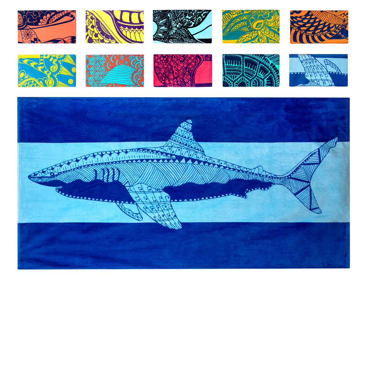 Nova Blue Shark Beach Towel – Blue with A Tropical Design, Extra Large, XL (34”x 63”) Cool Hawaiian, Navy Beach Towel with Light Blue Stripe