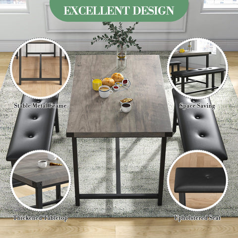 Crevyteg Modern Industrial 3-Piece Dining Table Set for 4 with 2 Upholstered Benches, Space-Saving Kitchen Table Set for Small Spaces