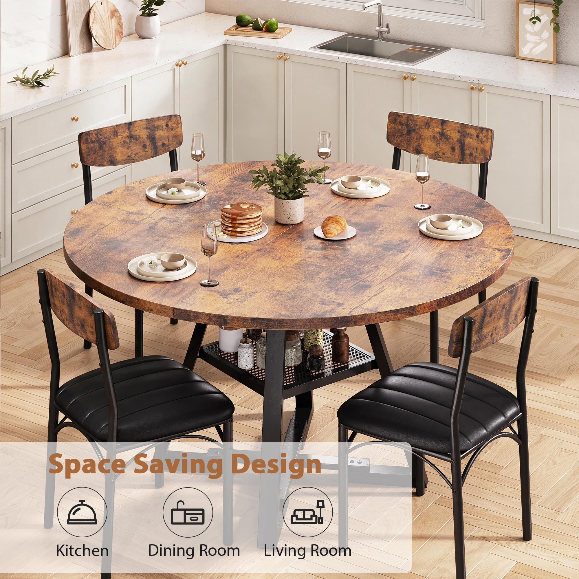 Jocoevol Round Dining Table and 4 Chairs Set of 4-6, Circle Dinner Table with Shelves, Space Saving Wood Kitchen & Dining Room Furniture