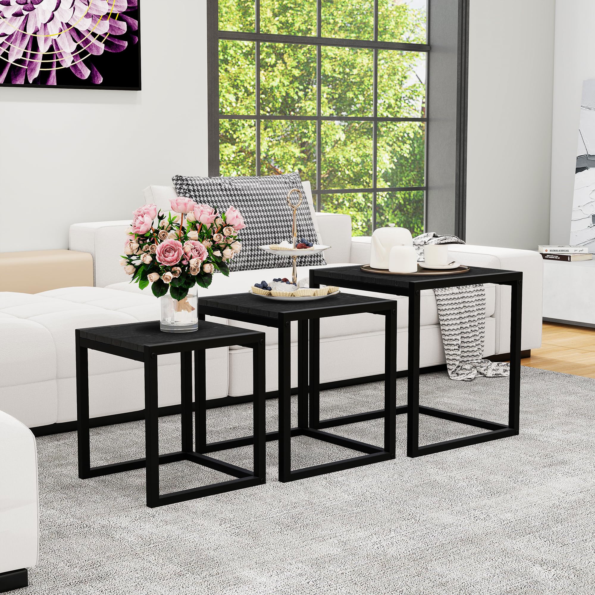 HAHRIR Nesting Coffee Table Set of 3, Stacking Metal Side Tables, Black