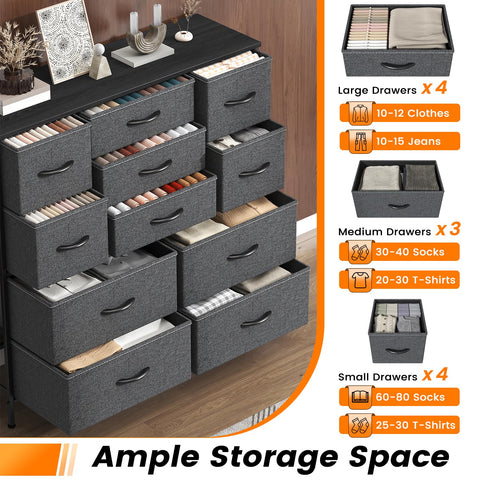 Feonase Chest of Drawers, Bedroom Tall Dresser with 11 Fabric Drawers, Metal Frame & MDF Wood Top, Adjustable Feet