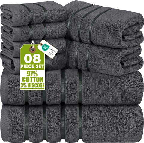 Utopia Towels 8-Piece Luxury Towel Set with Viscose Stripe, Grey