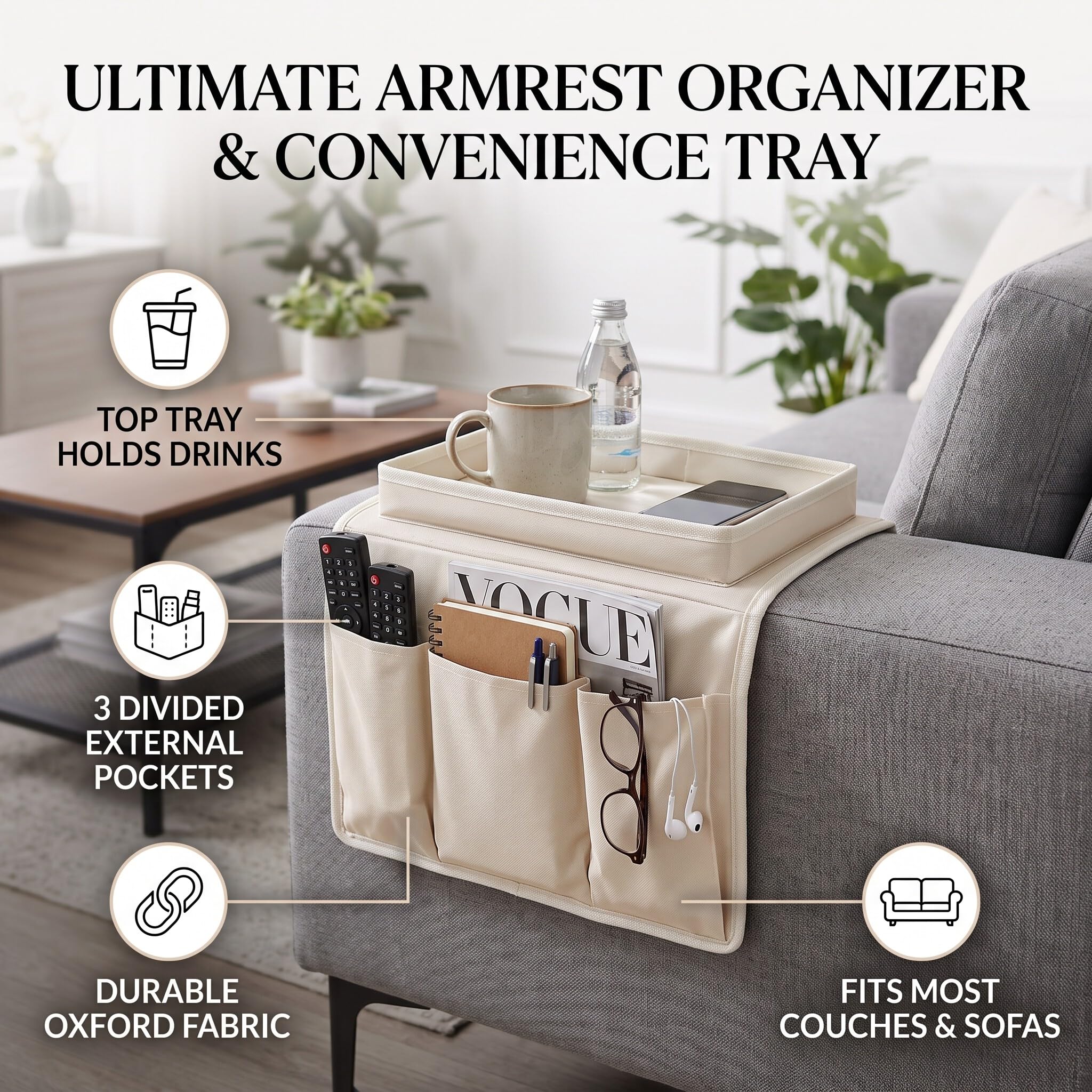 Ejoyous Sofa Armrest Organizer, 4 Pockets Couch Bag for TV Remote Control, Oxford Cloth Armchair Storage with Cup Holder Tray (Beige)