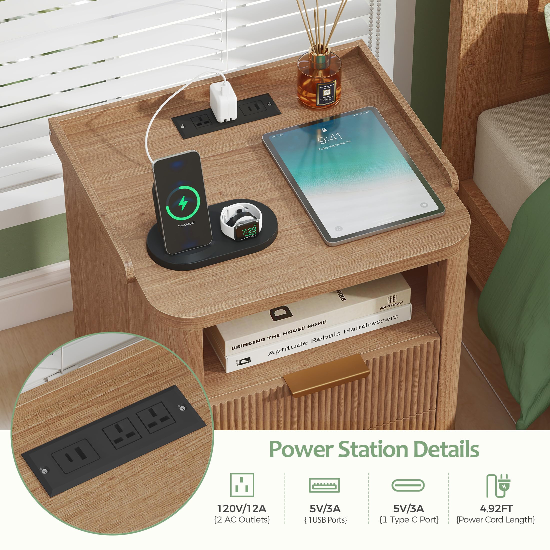 Quikraen 50cm width Bedside Table with Charging Station&Sensor LED Light