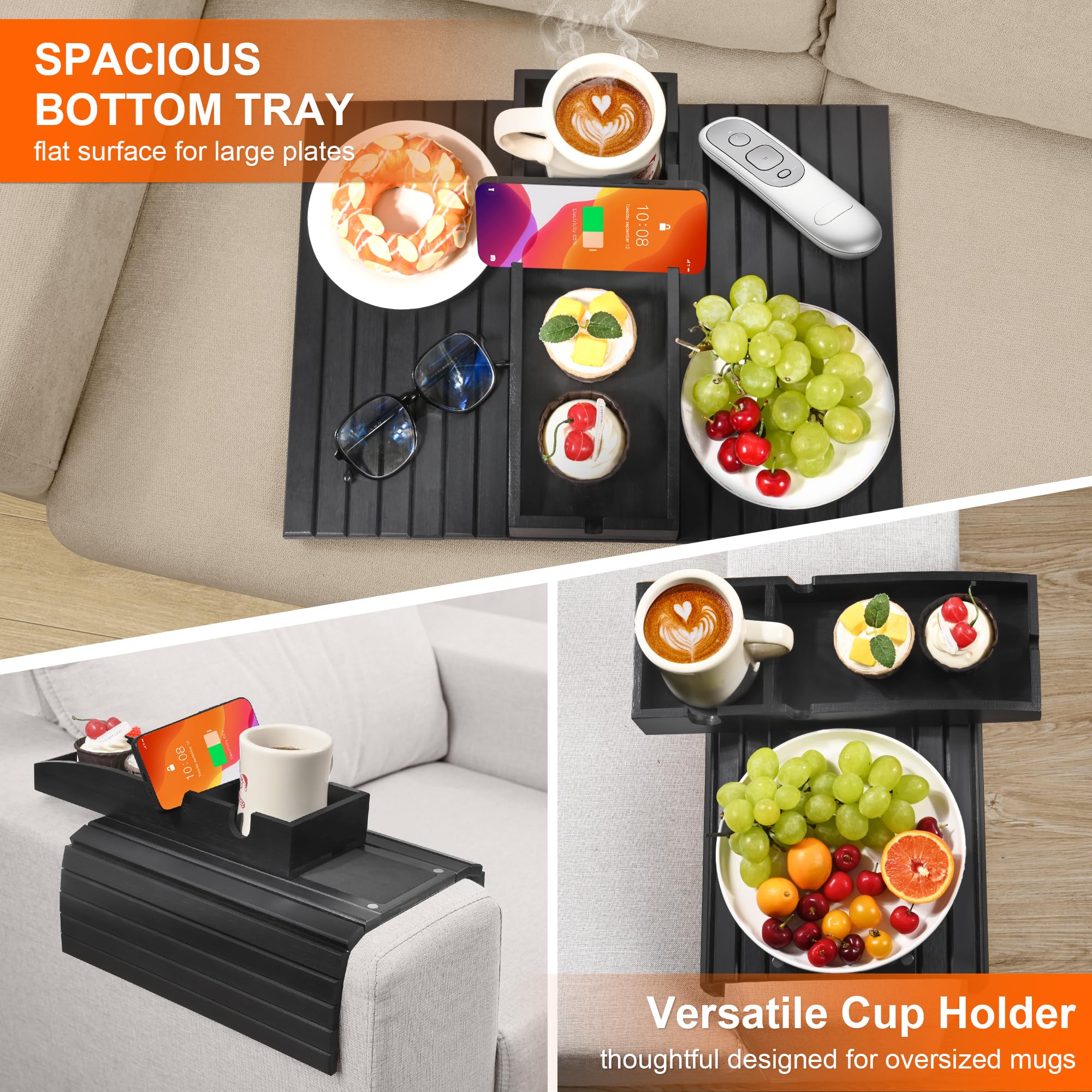 Joy&Grace Couch Cup Holder, 3-in-1 Magnetic Detachable Couch Arm Tray, Bamboo Sofa Armrest Table with Anti-Slip Pad, Sofa Armrest Tray Table (Black)