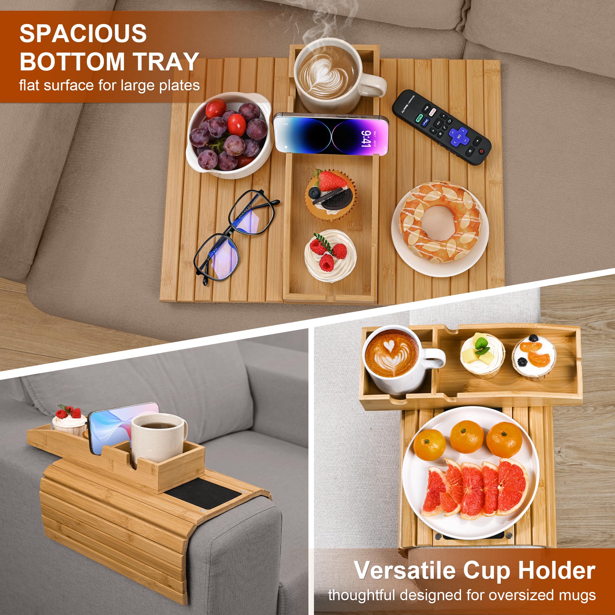 Joy&Grace Couch Cup Holder, 3-in-1 Magnetic Detachable Couch Arm Tray, Bamboo Sofa Armrest Table with Anti-Slip Pad, Sofa Armrest Tray Table (Natural)