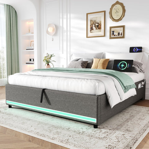BTM 4ft6 Double Ottoman Storage Bed, No Headboard Linen Bed Frame with LED Lights, Charging, Side Pockets, Grey (No Mattress)