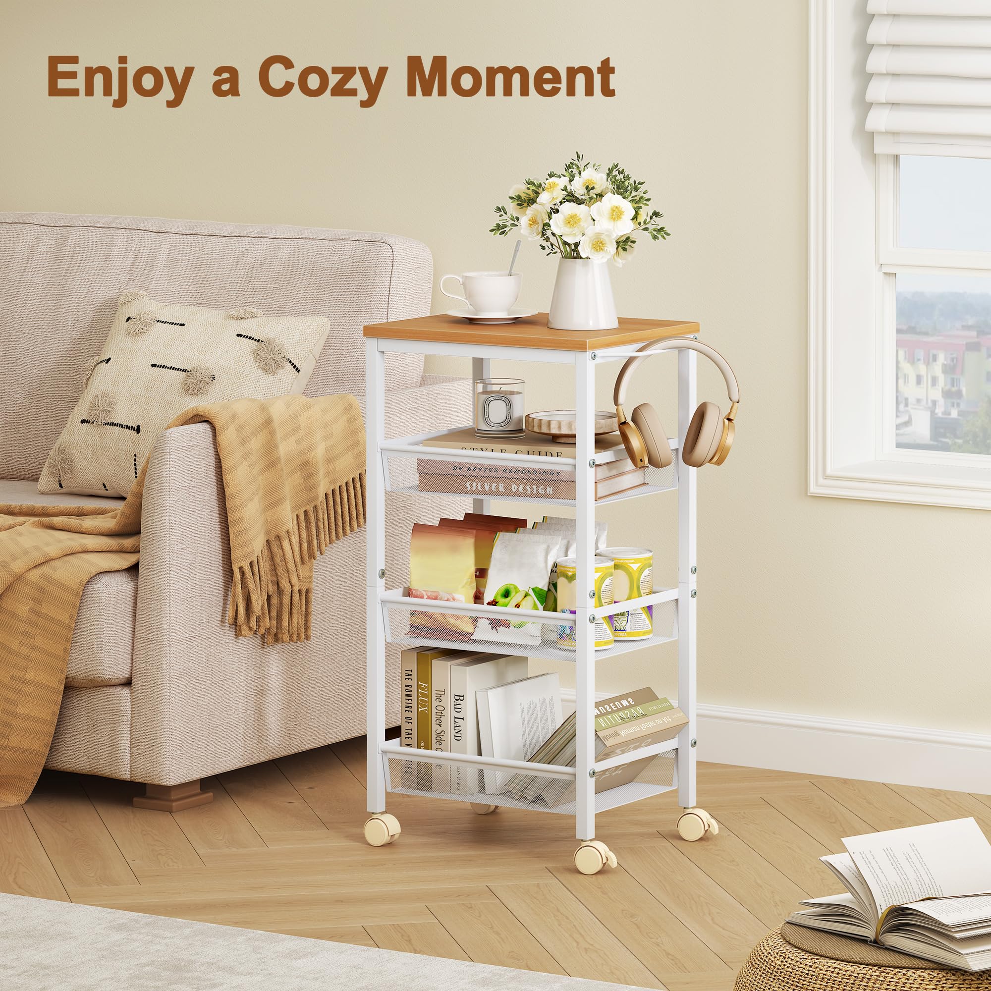 Hoctieon Rolling Storage Cart, 4-Tier Wide Panel Rolling Kitchen Storage Cart, Utility Cart with Handle & Wheels, Mobile Shelving Unit