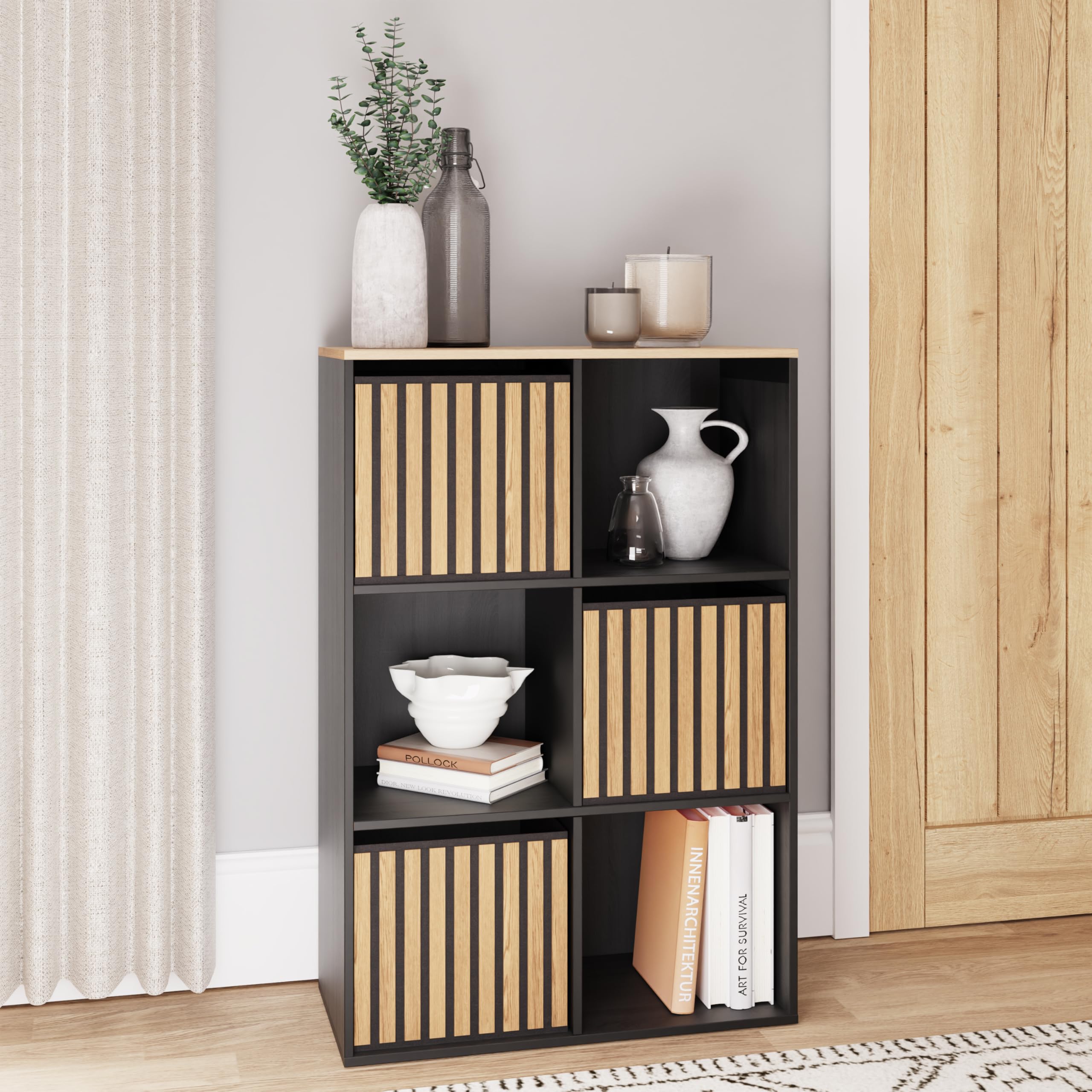 GFW Kube 2x3 Storage Unit Black & Medium Oak, Cube Bookcase with Open and Hidden Storage Compartments, Modern Shelving Unit