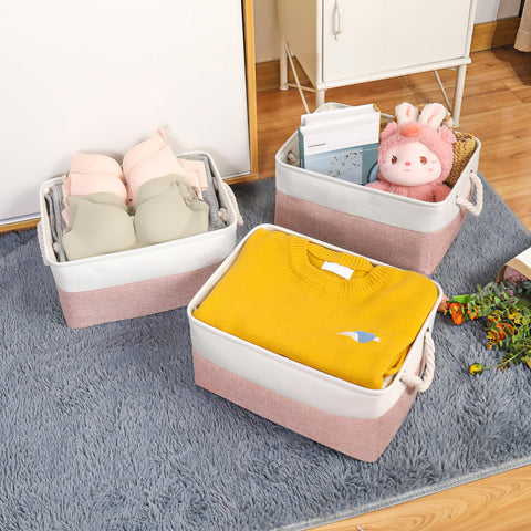 JUNLAI 3 Pcs Storage Baskets with Handles, Foldable Large Storage Boxes, Fabric Wardrobe Storage Basket for Office & Home, Book, Clothes