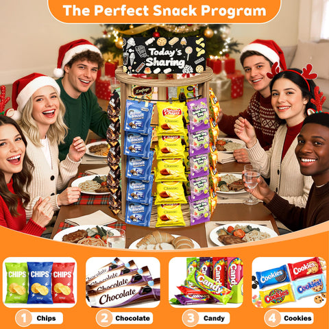 Emfogoo 360° Rotating Snack Organiser, 5 Tier 50 Clips Wooden Chip Rack Display Stand With Advertising Board