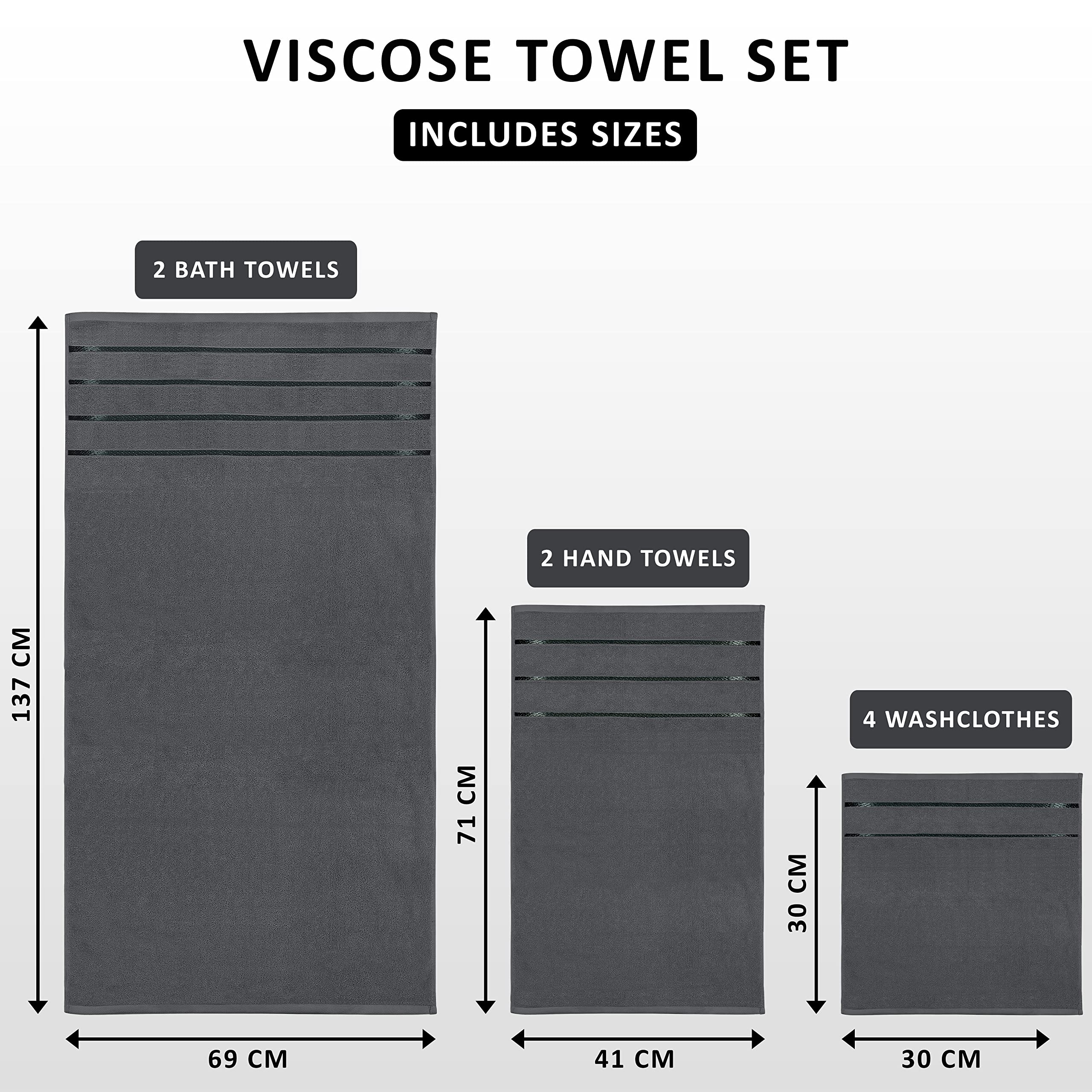 Utopia Towels 8-Piece Luxury Towel Set with Viscose Stripe, Grey