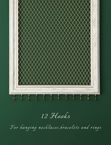Heesch Hanging Earring Organizer Frame Wall Mounted Jewelry Holder Vintage Rustic Stud Earring Display with Removable Rod and 12 Hooks for Necklaces
