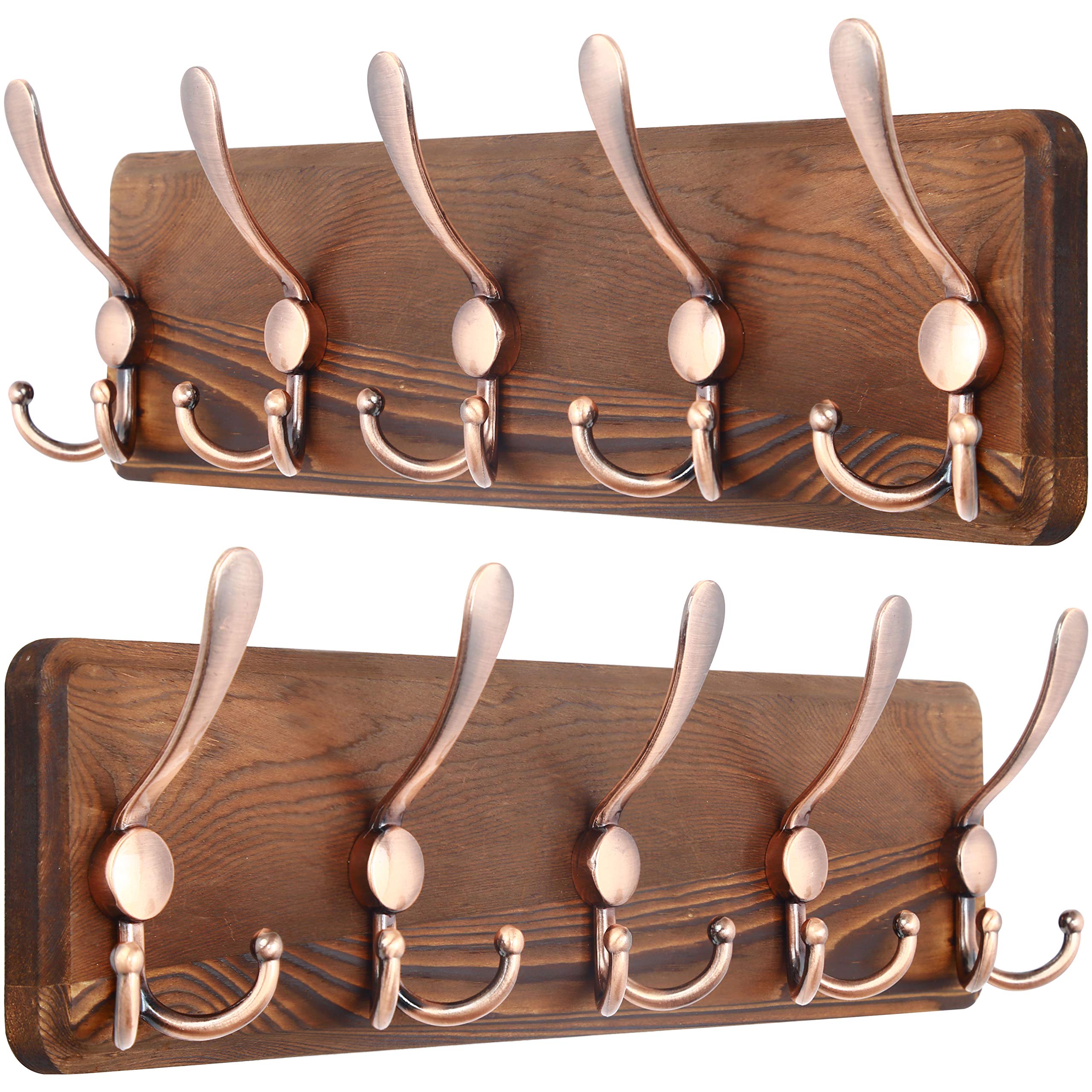 SKOLOO Coat Rack Wall Mounted - Pack of 2, Wooden, Heavy Duty, Rustic Coat Hooks for Wall, Wall Coat Rack with 5 Triple Hooks for Hanging Clothes