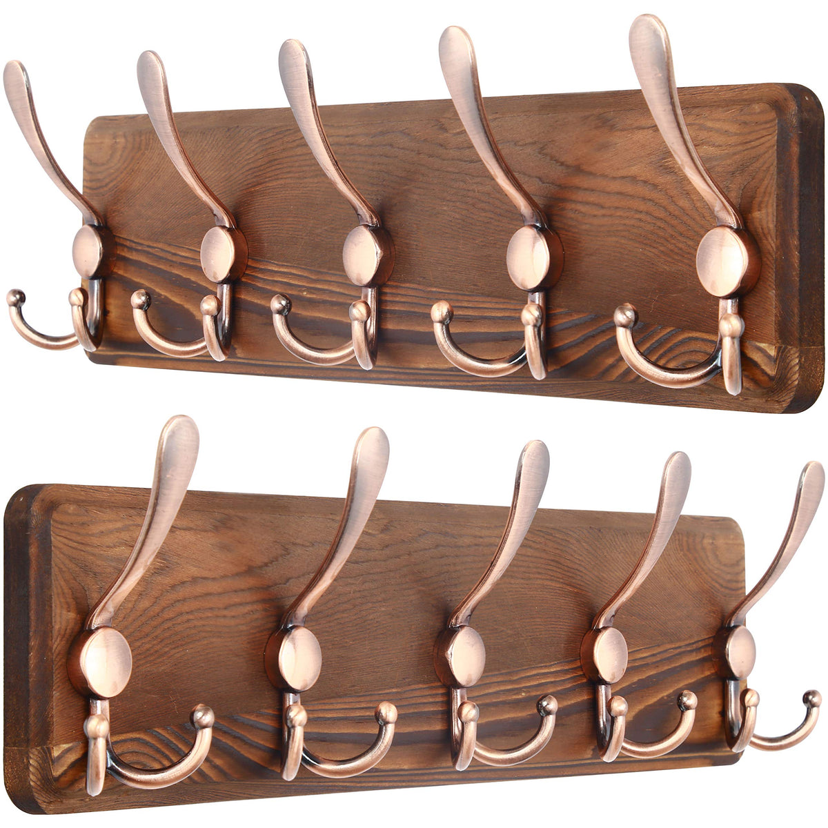 SKOLOO Coat Rack Wall Mounted - Pack of 2, Wooden, Heavy Duty, Rustic Coat Hooks for Wall, Wall Coat Rack with 5 Triple Hooks for Hanging Clothes