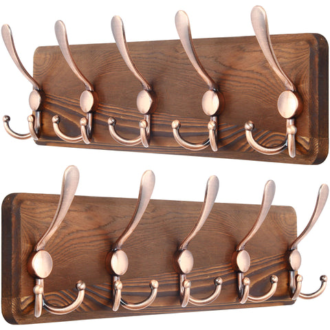 SKOLOO Coat Rack Wall Mounted - Pack of 2, Wooden, Heavy Duty, Rustic Coat Hooks for Wall, Wall Coat Rack with 5 Triple Hooks for Hanging Clothes
