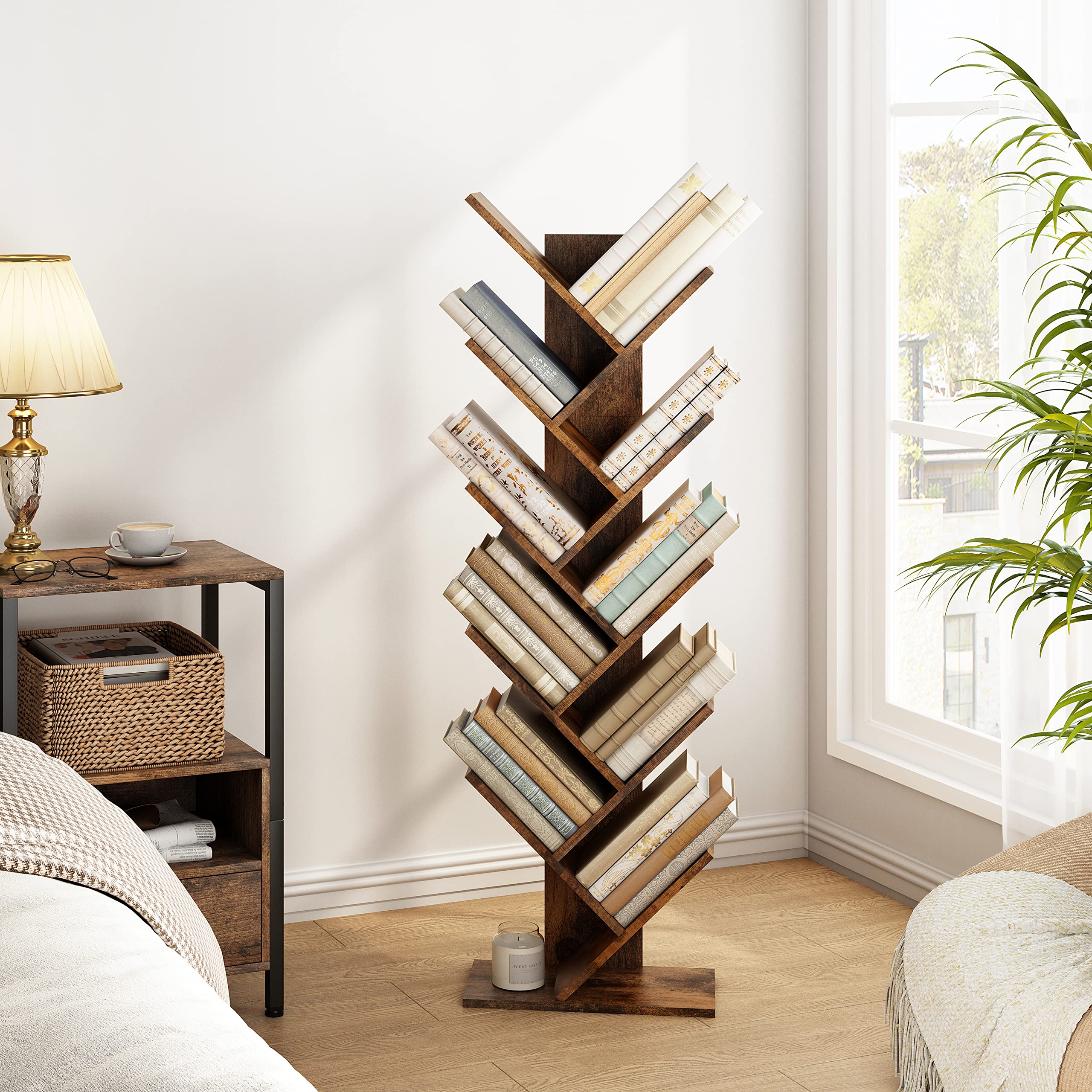 Hoctieon 10 Tier Tree Bookshelf, 10 Shelf Bookcase, Free Standing Tree Bookcase, Display Floor Standing Shelf for Books