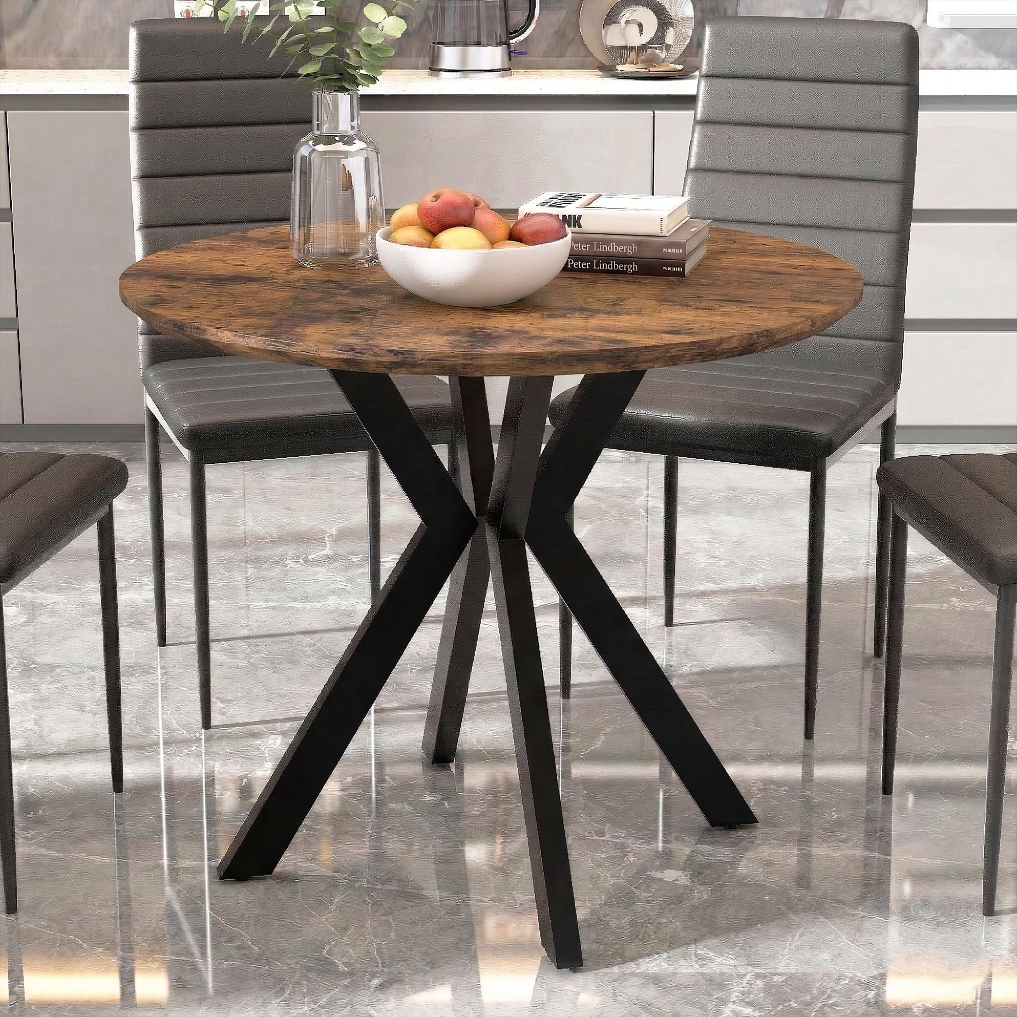 80cm Round Wooden Dining Table with Black Metal Legs for Kitchen & Home