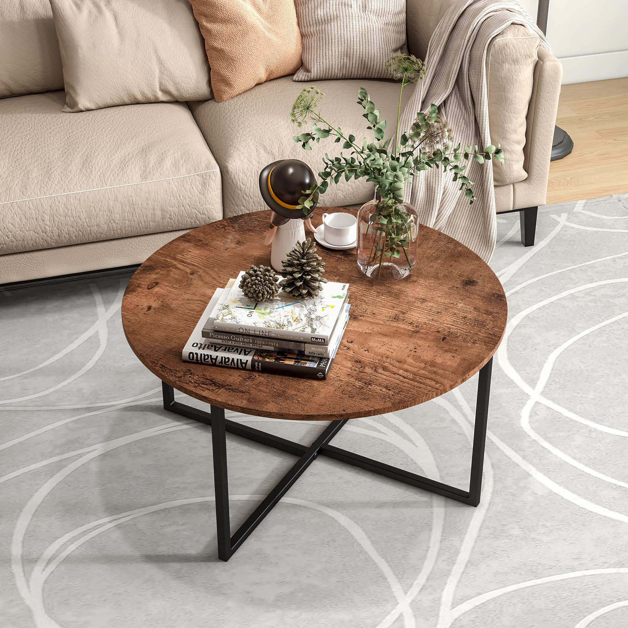 HOJINLINERO Round Coffee Table,Coffee Tables for Living Room,Tea Table End Table Sofa Table,Industrial Cocktail Table,Wooden Coffee Table,Durable
