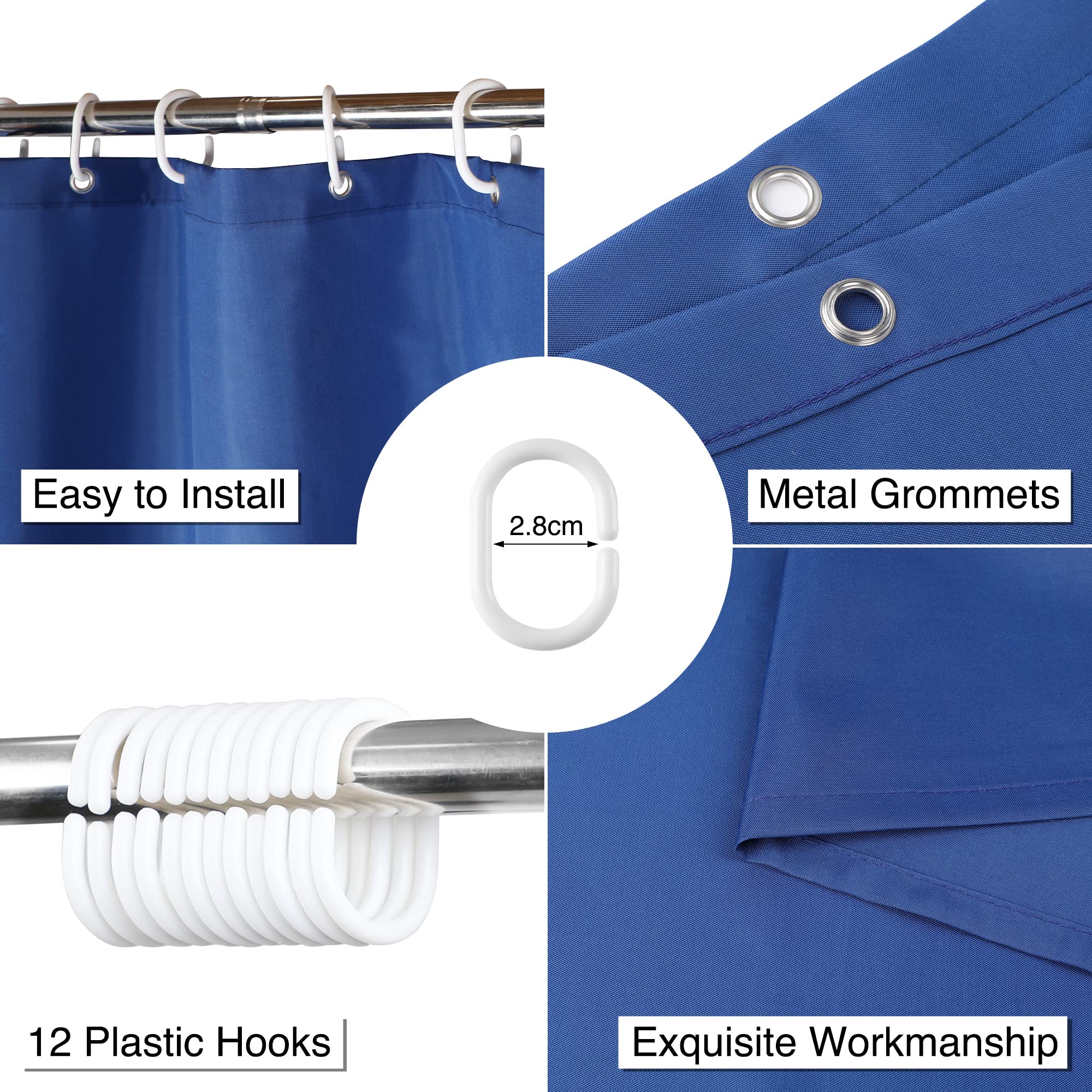 WELTRXE Shower Curtain Mould Proof Resistant, 180x180cm Waterproof Bathroom Curtain Set With Hooks, Weighted Hem