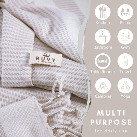 Ruvy Home Basics Turkish Hand Towels Set of 2 | 16x40 inches, 100% Turkish Cotton | Bathroom, Kitchen, Yoga, Gym, Spa, Tea, Dishcloth, Face - Beige