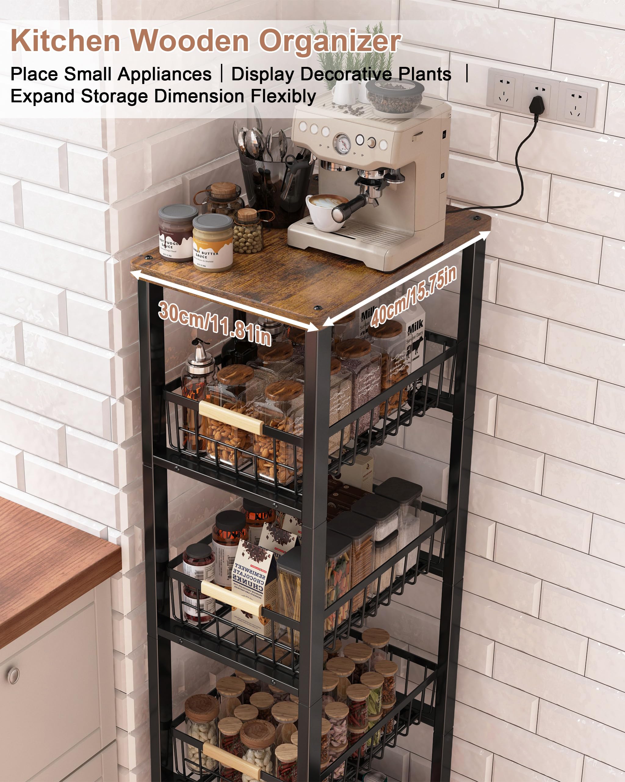 Ornestia 5-tier Vegetable Rack with Wooden Top for Kitchen Storage（Black