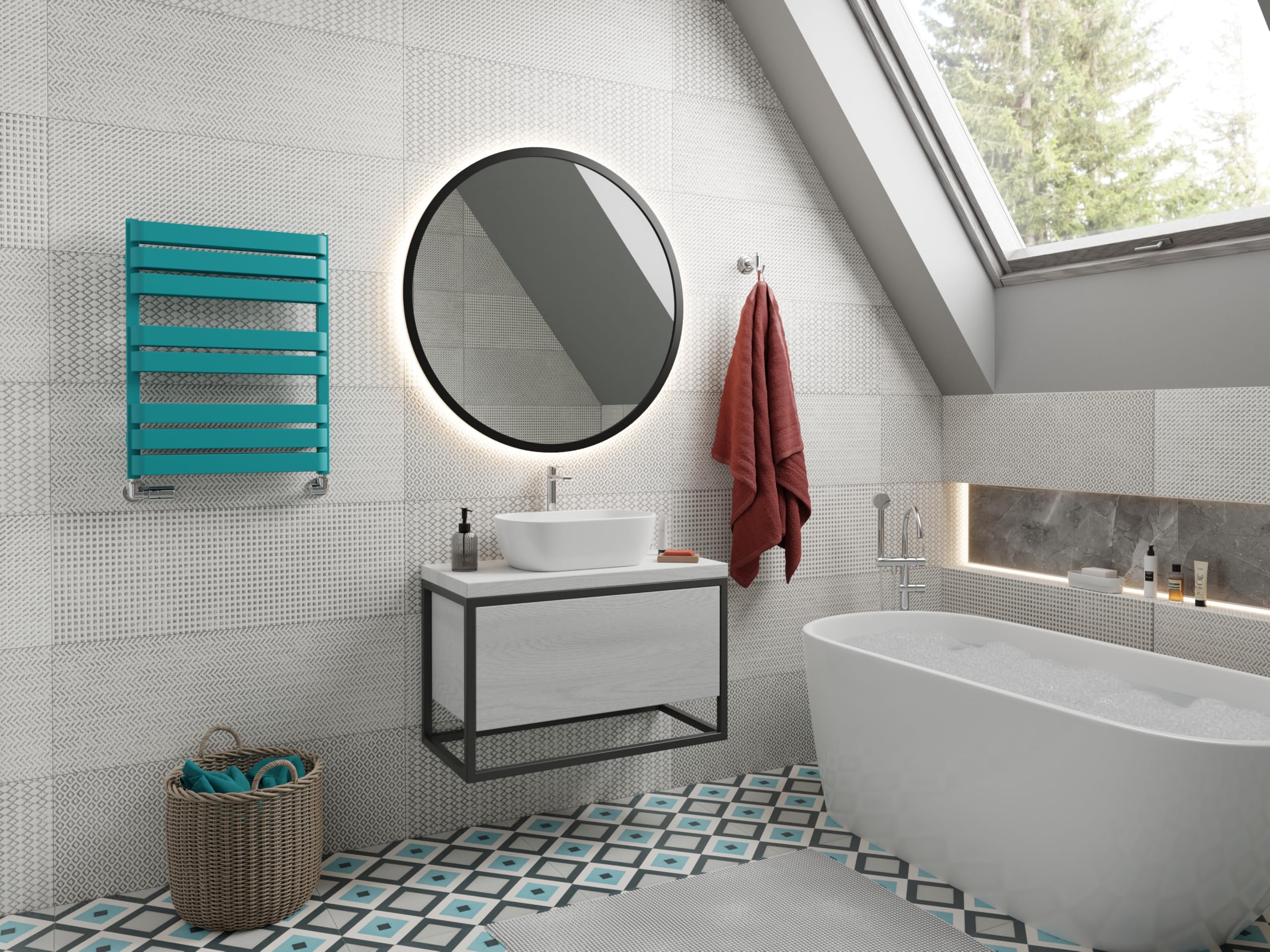 Terma Towel Rail (Cen./Heating), Steel, RAL 5018 (Matt) Teal, 655h x 500w [1569 BTUs t50]