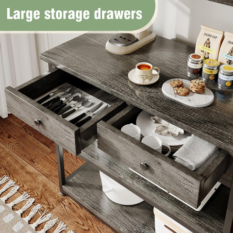 Flrrtenv 5-Tiers Bakers Rack, Kitchen Storage Shelves with 2 Drawers, Coffee Bar with Power Socket, Kitchen Storage Unit Metal Frame & Wooden Board