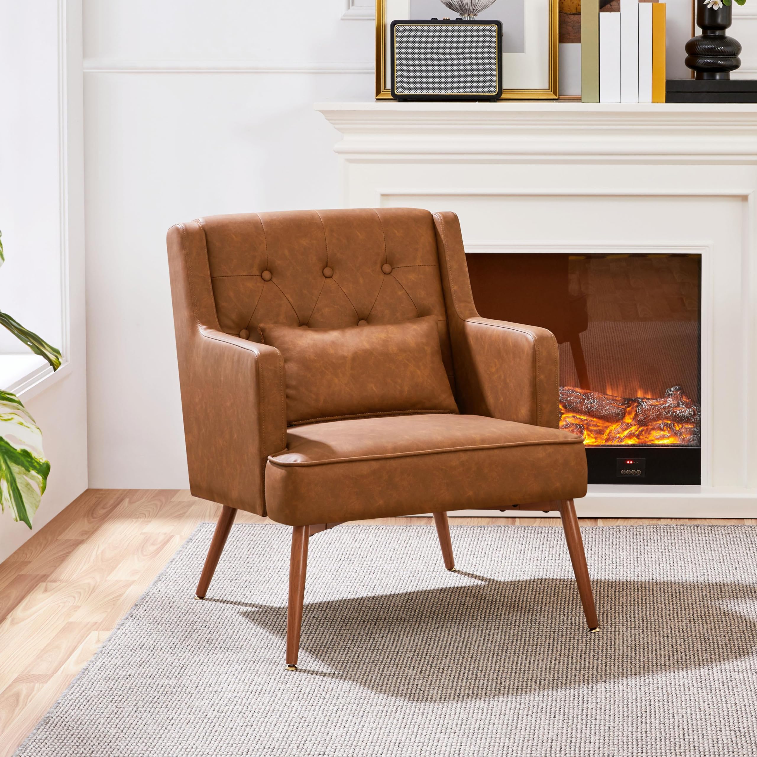Yaheetech PU Leather Armchair, Tub Chair with Lumbar Pillow, Retro Brown