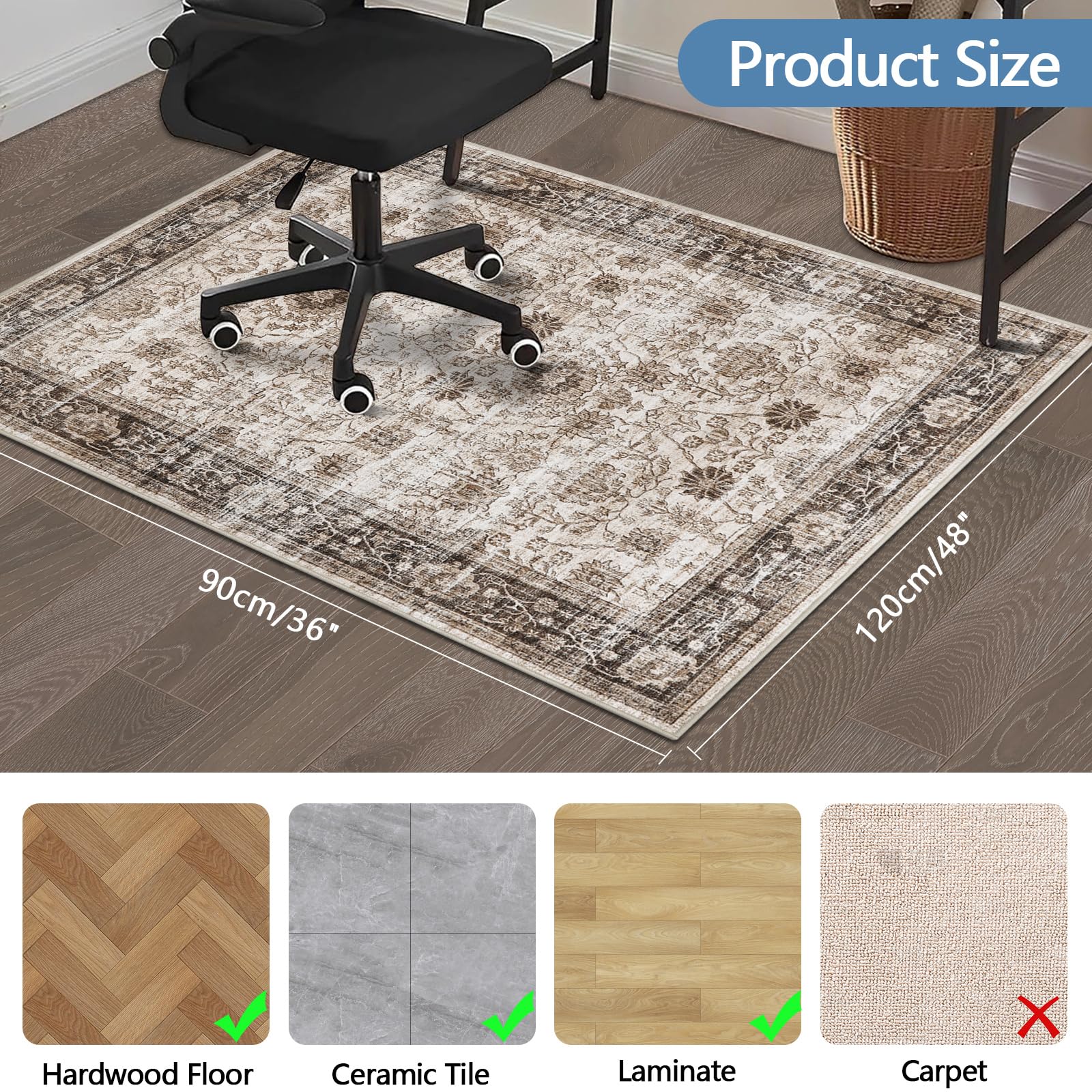 Office Chair Mat for Hardwood Floor, 90x120 cm Anti-Slip Computer Gaming Desk Mat, Multi-Purpose Floor Protector for Home Office Rolling Chair