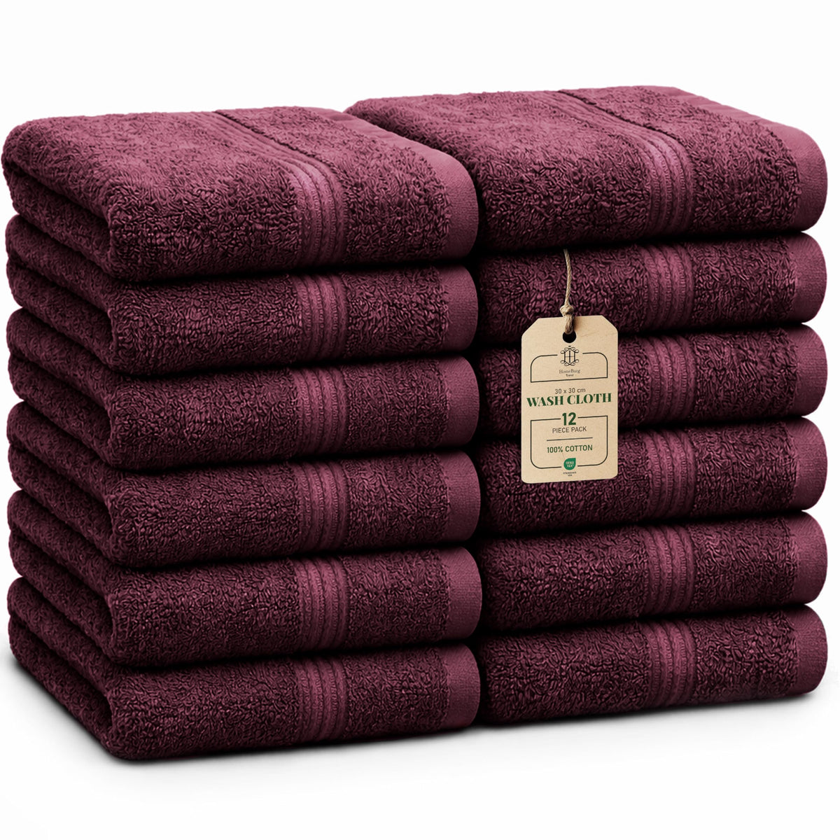 HomeBurg Luxe 12-Piece Washcloth Set - 100% Cotton, Soft & Absorbent, Easy Care, Premium Towels for Face & Daily Use, 30 x 30 cm, Velvet Wine