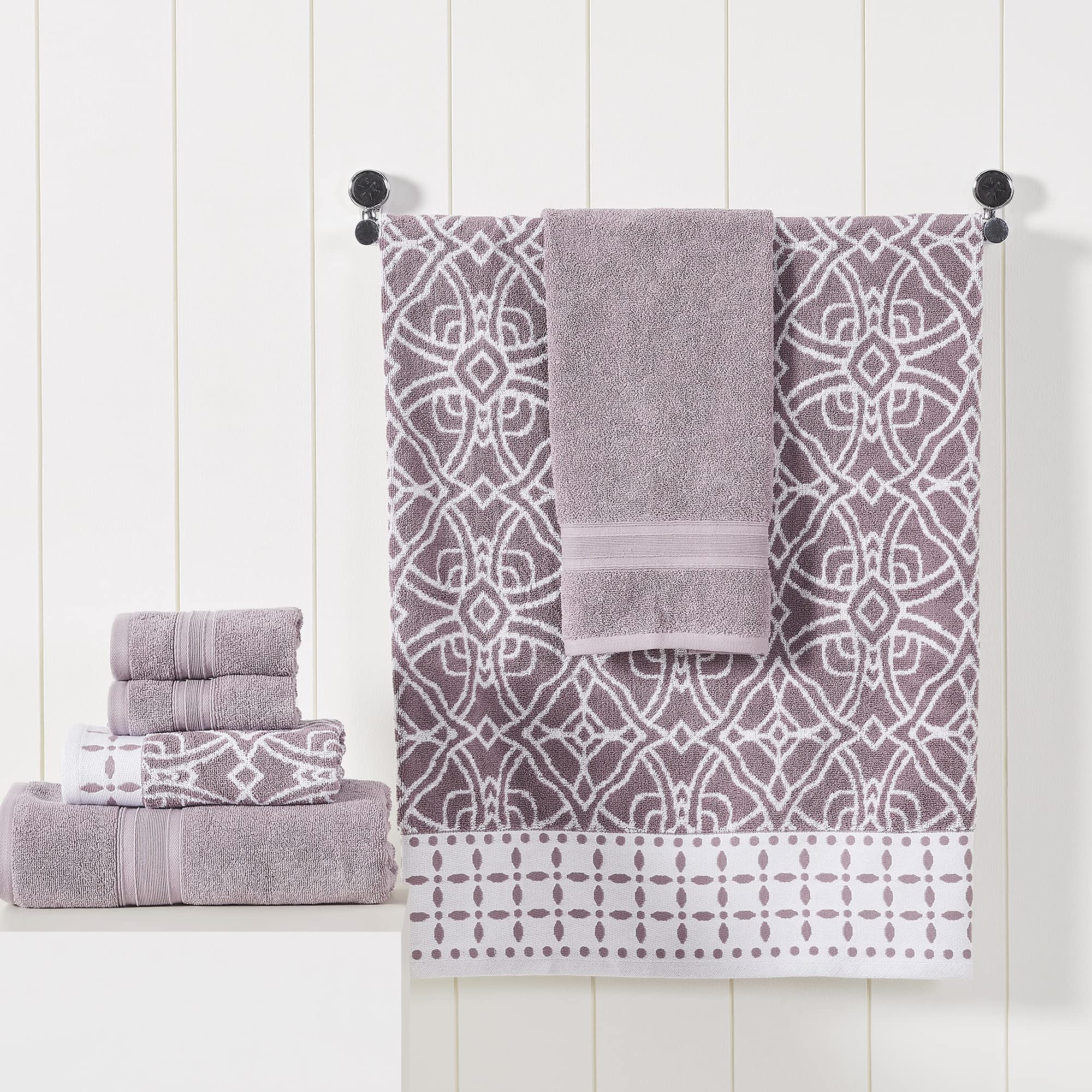 Modern Threads 6 Piece Set, 2 Bath Towels, 2 Hand Towels, 2 Washcloths Yarn Dyed Jacquard/Solid Towel Set Monroe Orchid