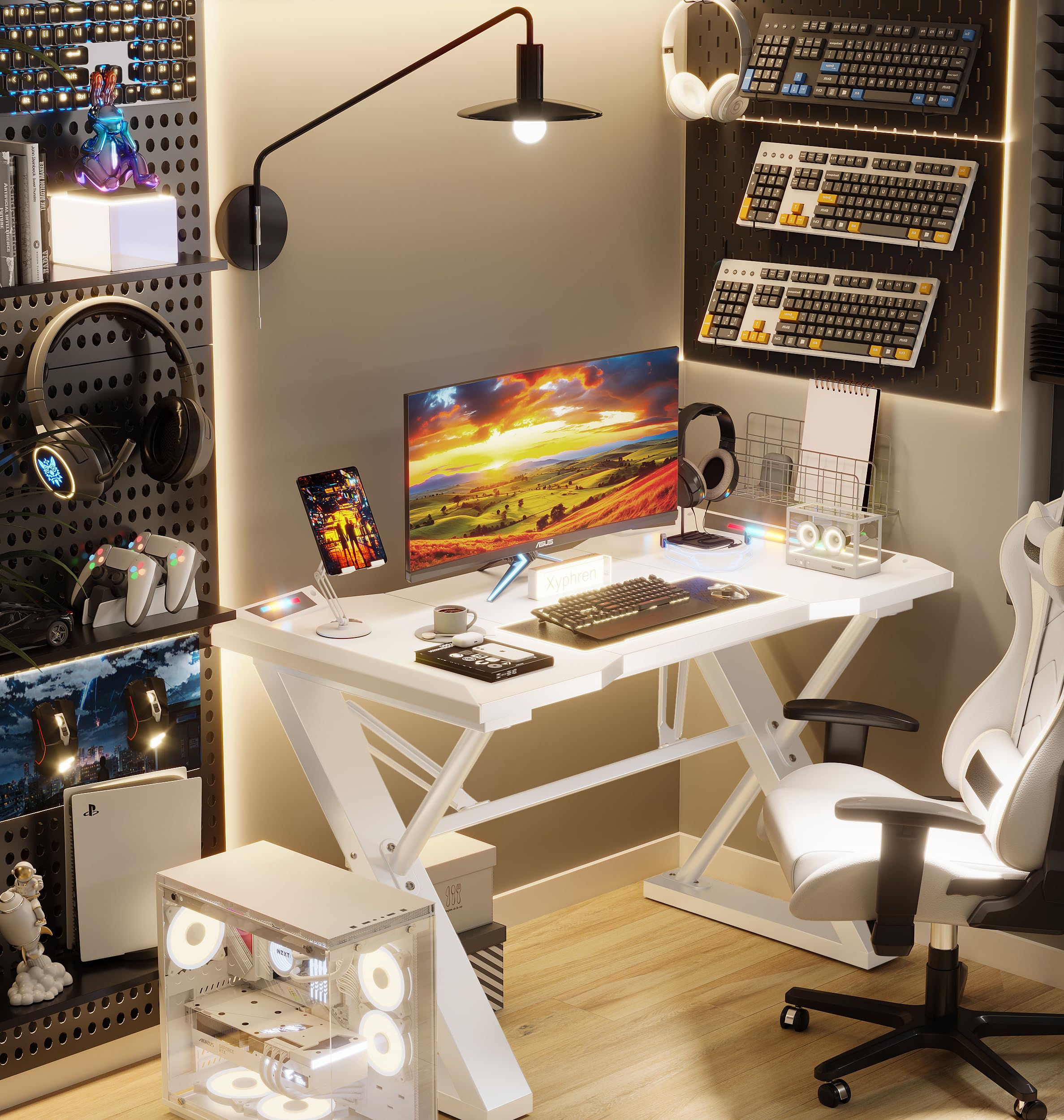 Xyphren Gaming Desk with Pegboard & Power Outlet & LED Light, Small Computer Desk with Reversible Shelves for Corner Home Office Desk, 100 * 50cm