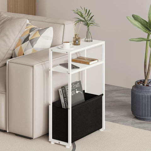JERX Narrow Side Table with Fabric Basket, End Table for Small Spaces, Slim Side Table with Magazine Rack for Living Room Office Bedroom and Bathroom