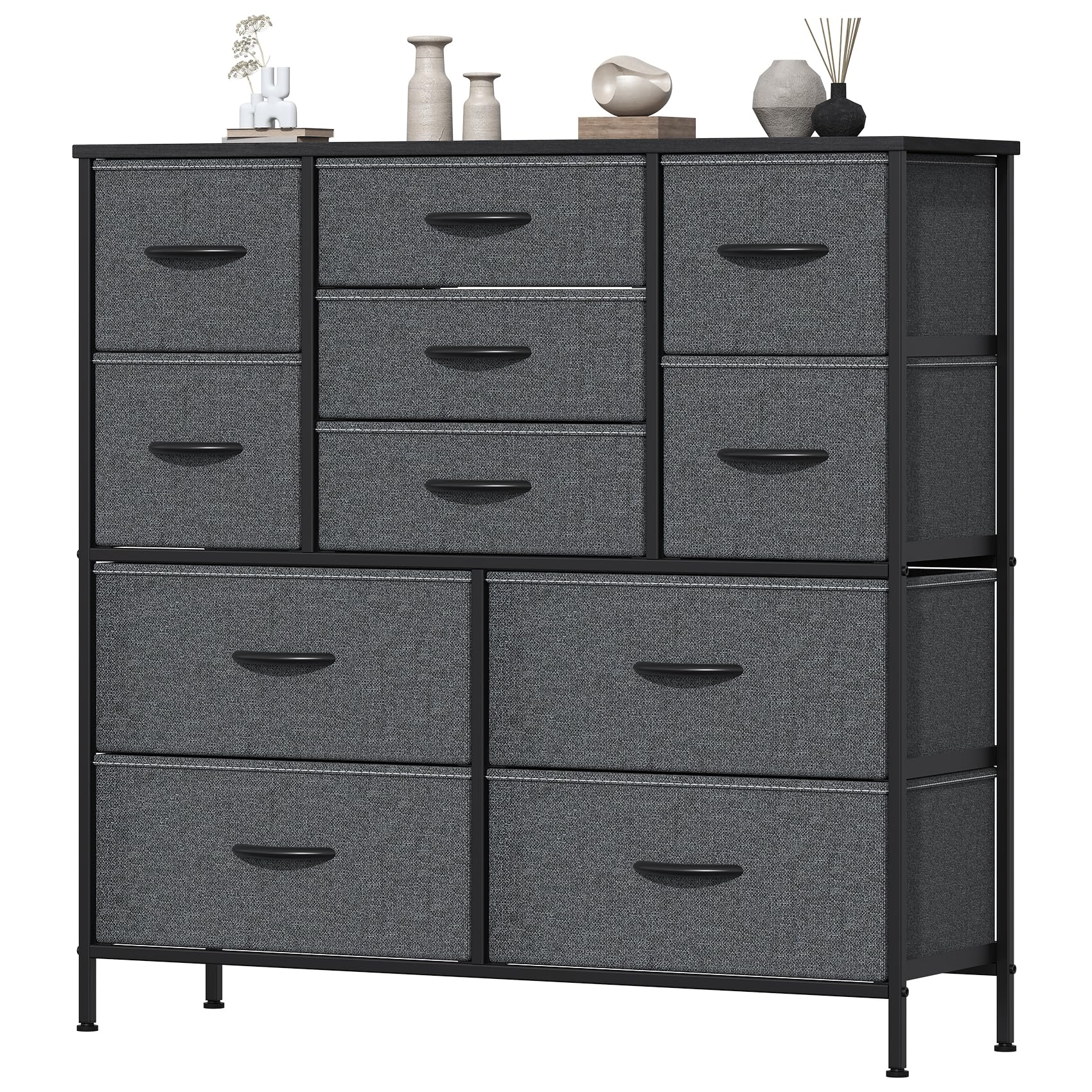 Feonase Chest of Drawers, Bedroom Tall Dresser with 11 Fabric Drawers, Metal Frame & MDF Wood Top, Adjustable Feet