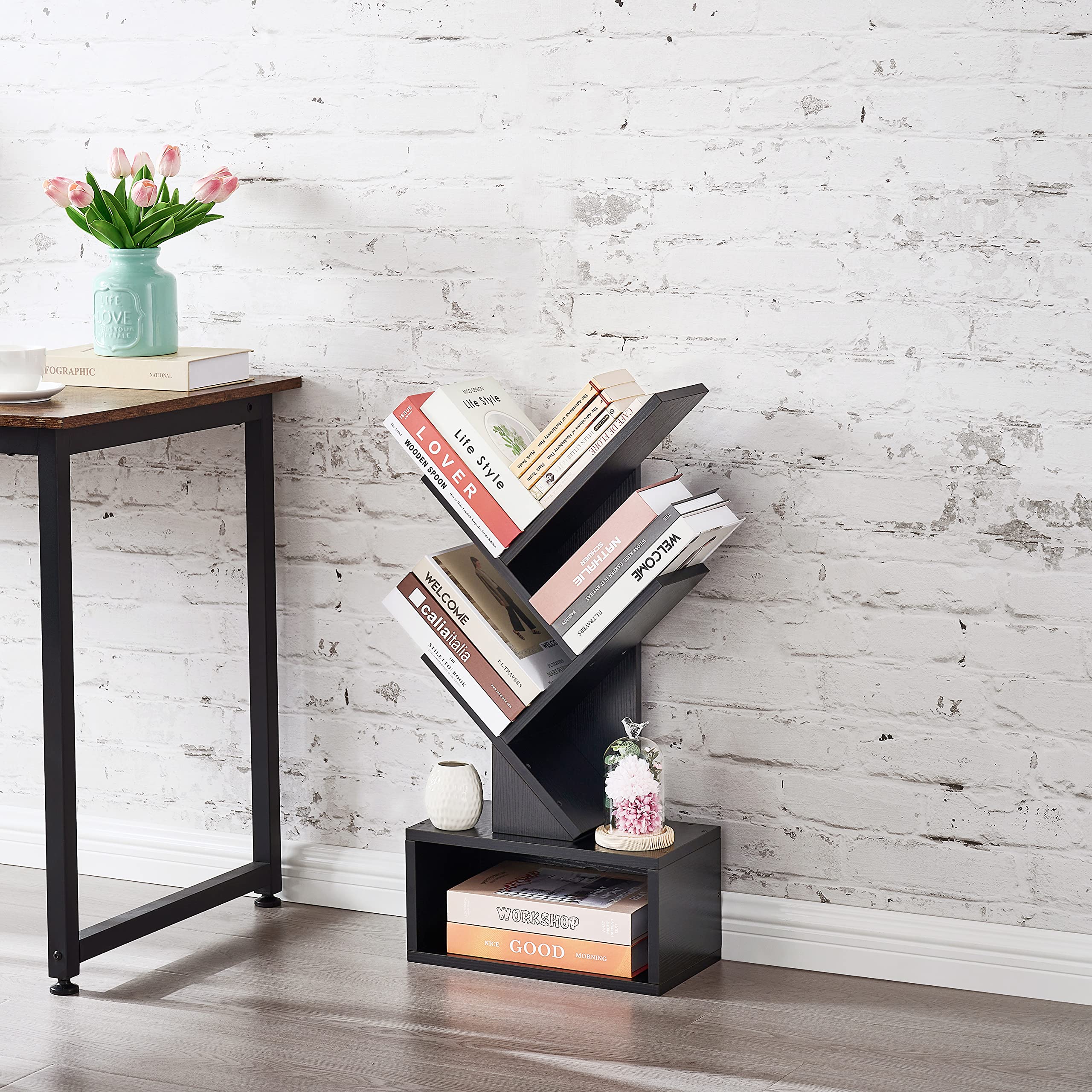 Hoctieon 4 Tier Tree Bookshelf, Tall Bookcase with Drawer, Wood Book Shelf, Modern Floor Standing Bookshelves, Book Organizer Shelves for Bedroom