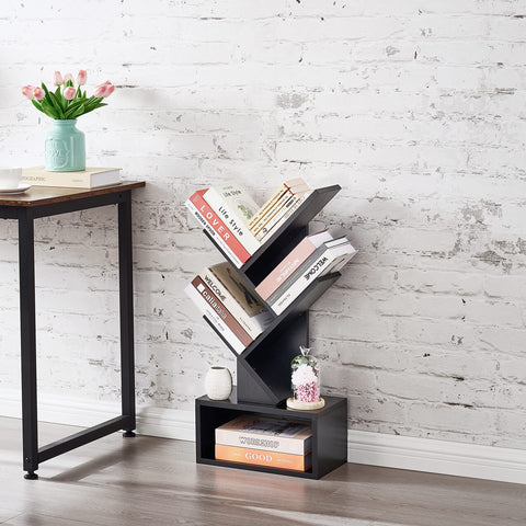 Hoctieon 4 Tier Tree Bookshelf, Tall Bookcase with Drawer, Wood Book Shelf, Modern Floor Standing Bookshelves, Book Organizer Shelves for Bedroom
