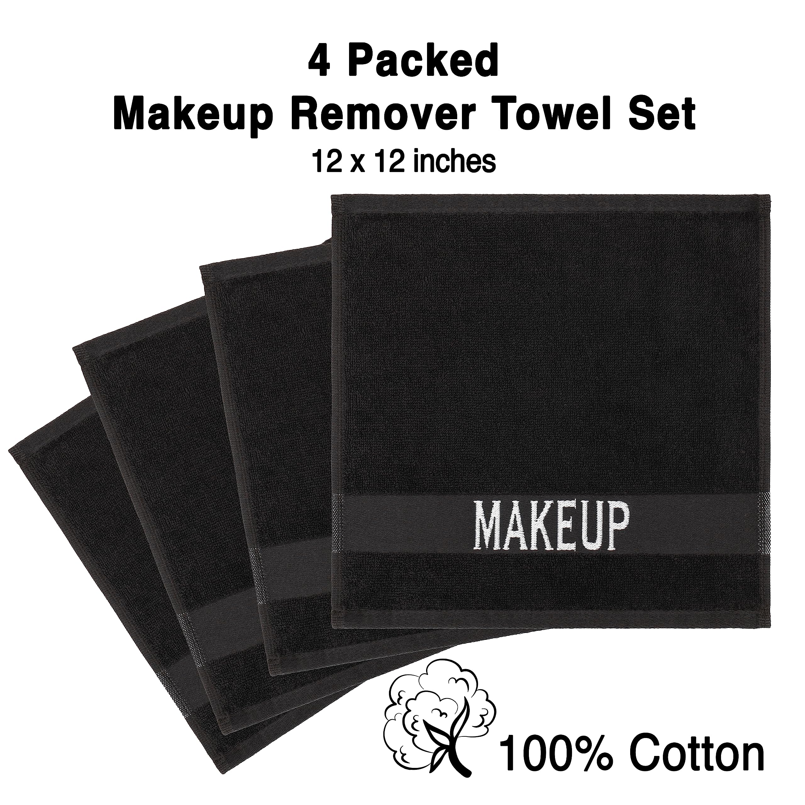 American Soft Linen Makeup Washcloths, 100% Cotton Makeup Remover Towels, 4 Pack Make up Towels for Face, 12 x 12 Face Cloth Towels, Black