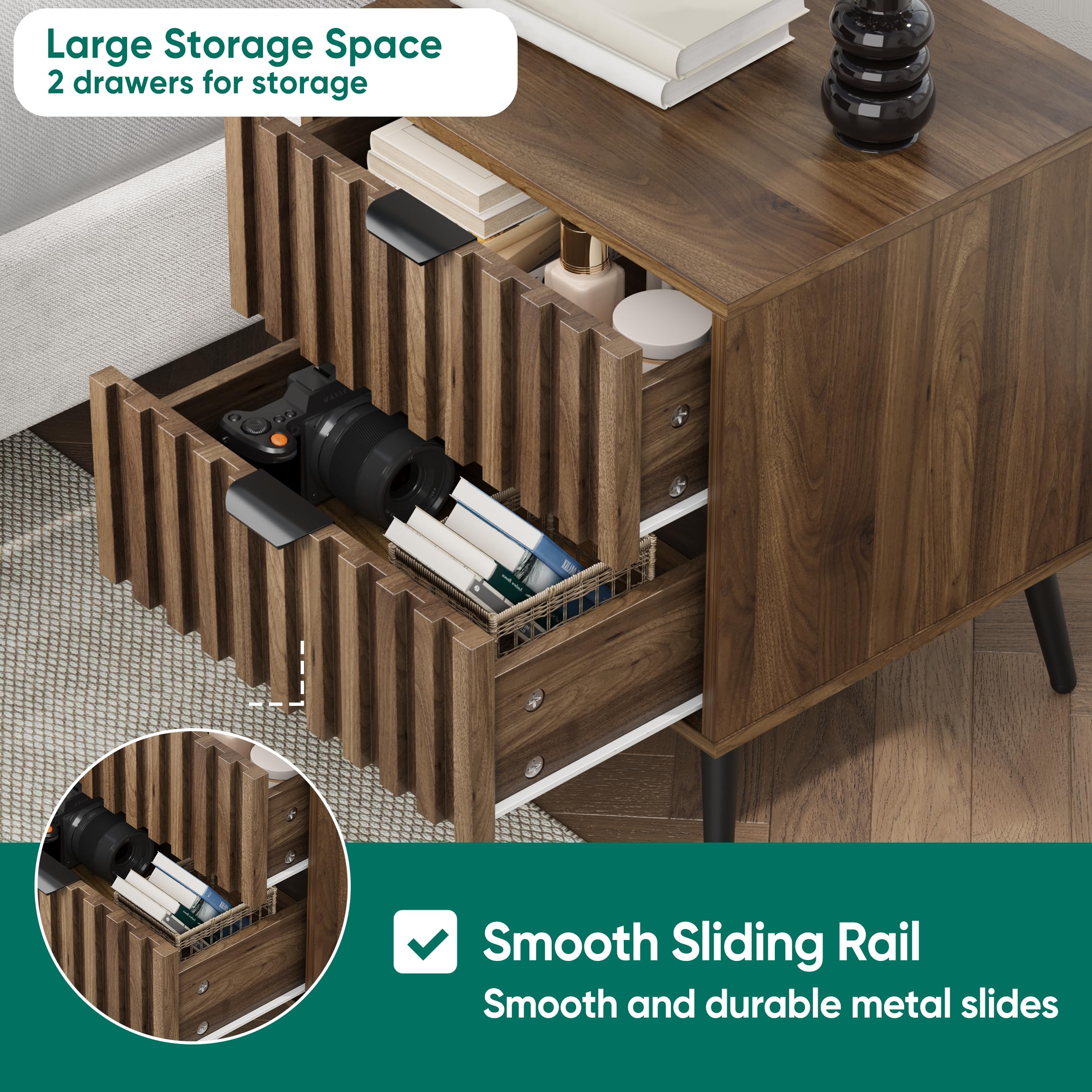Smuxee Walnut Wooden Night Stand, Mid Century Nightstand with 2 Fluted Drawers, Bedside Table with Open Shelf, Modern End Side Table for Bedroom