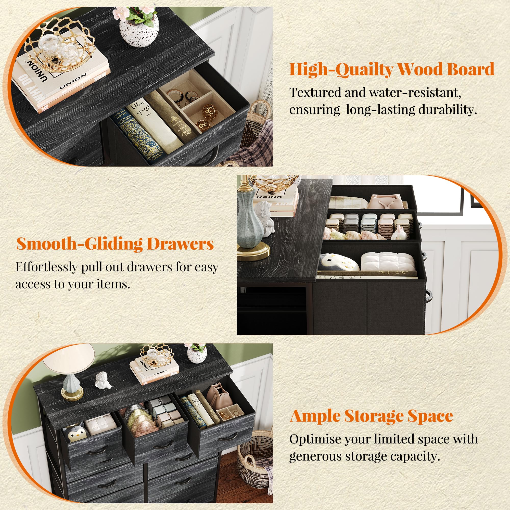 Flrrtenv Chest of Drawer with 11 Drawers, Modern Bedroom Cabinte, Fabric Drawers with Wooden Top, Sturdy Metal Frame, Tall Black Hallway Storage Unit