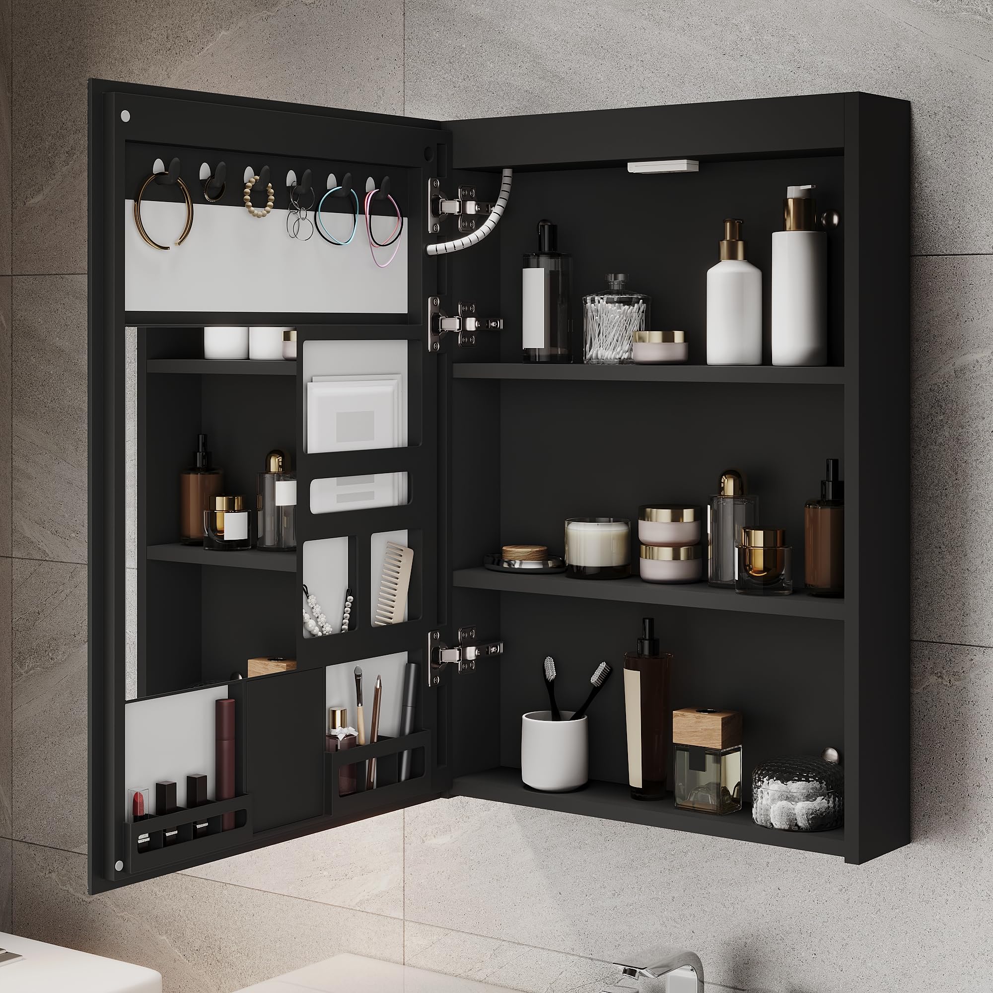 ELEGANT LED Bathroom Mirror Cabinet with Shaver Socket, Black, 485x700mm