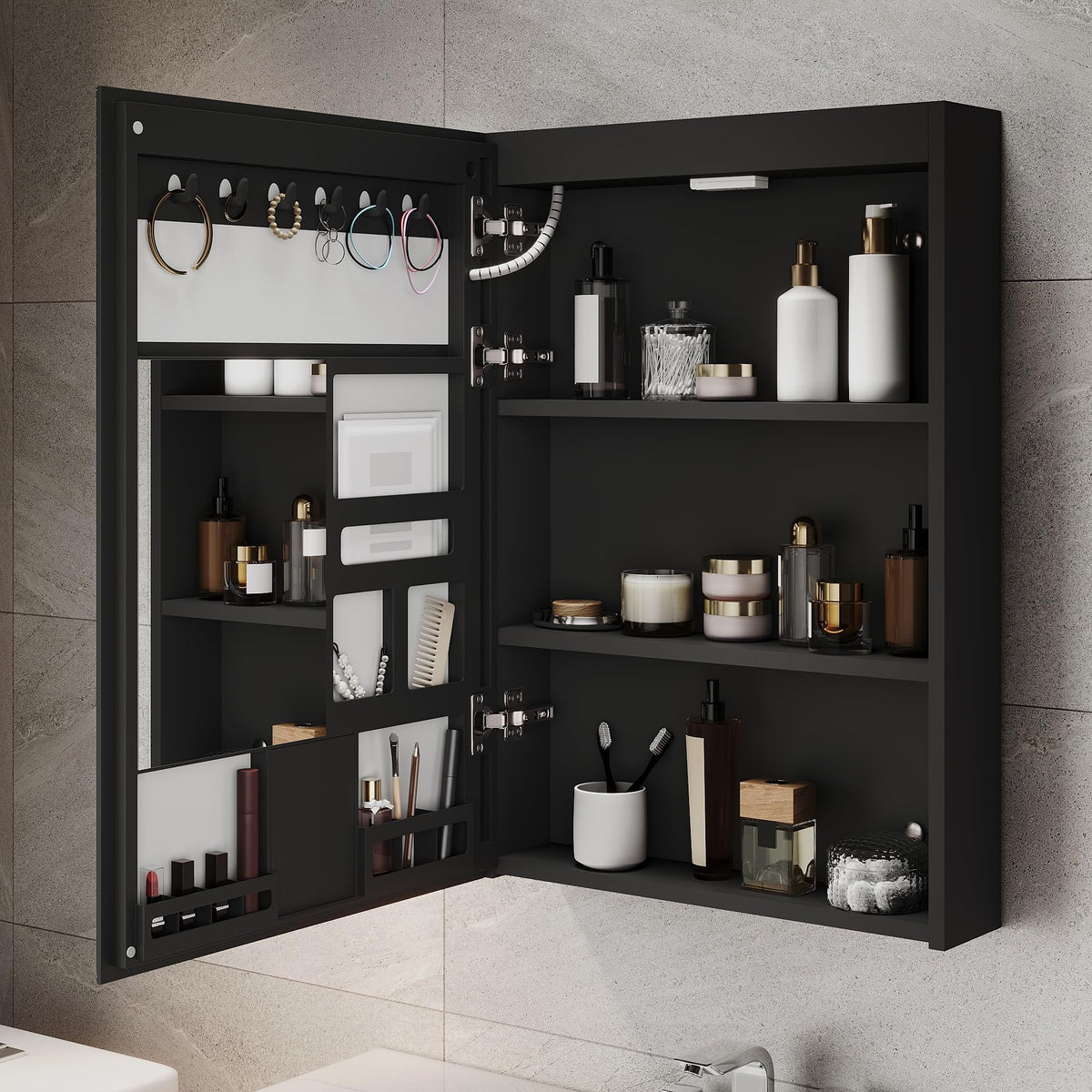 ELEGANT LED Bathroom Mirror Cabinet with Shaver Socket, Black, 485x700mm