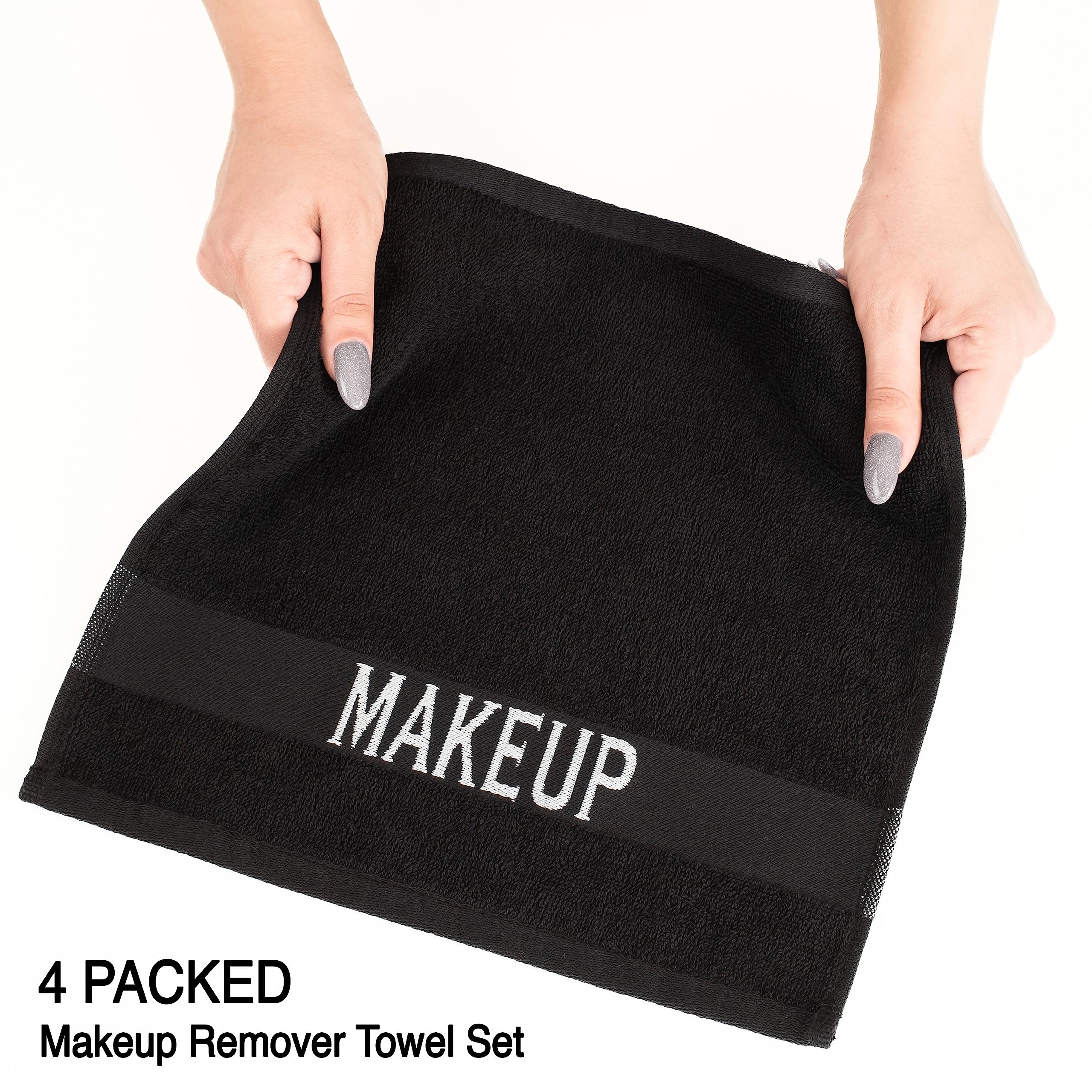 American Soft Linen Makeup Washcloths, 100% Cotton Makeup Remover Towels, 4 Pack Make up Towels for Face, 12 x 12 Face Cloth Towels, Black