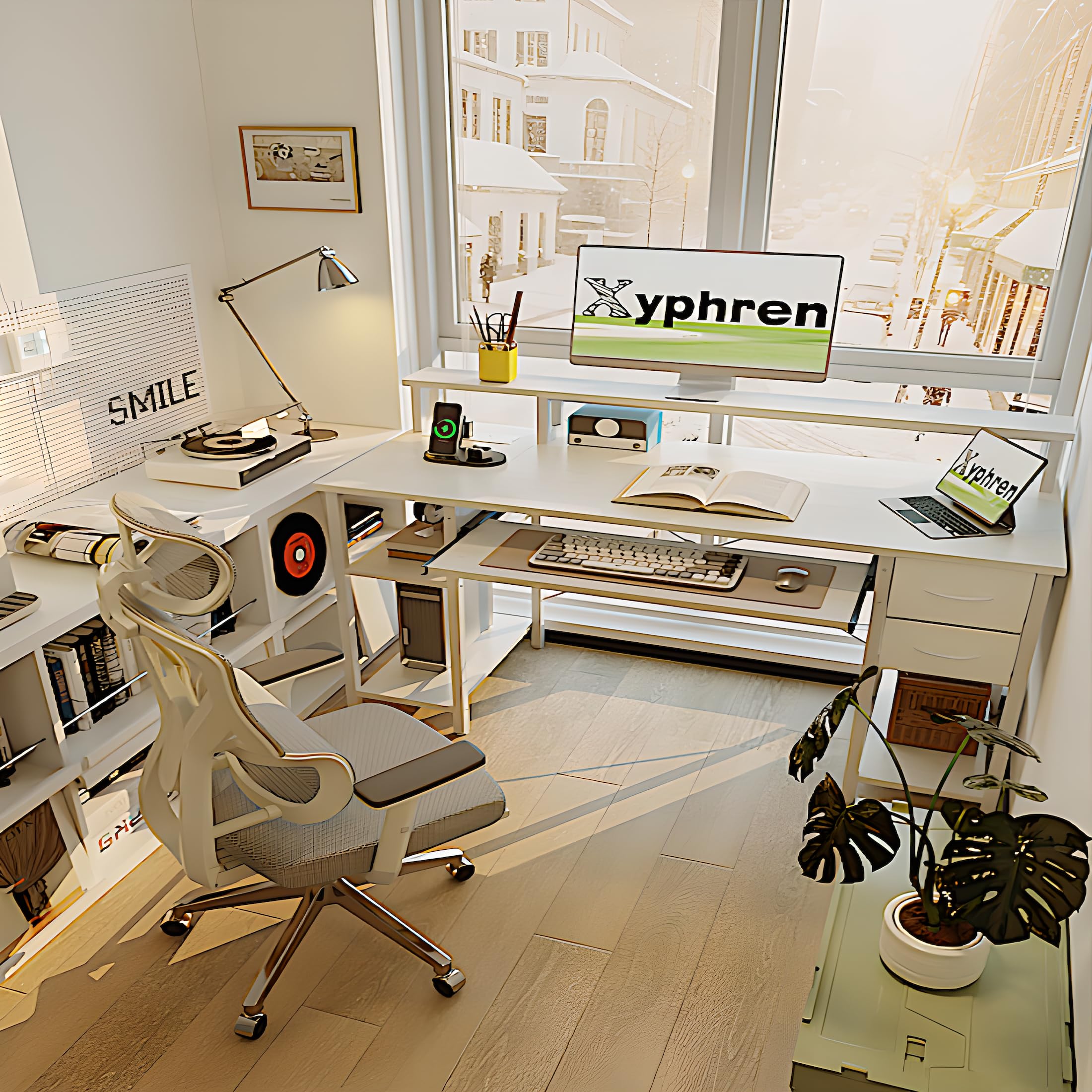 Xyphren Computer Desk with Drawers, 120x50cm Office Desk with Keyboard Tray with Power Outlet & Monitor Stand
