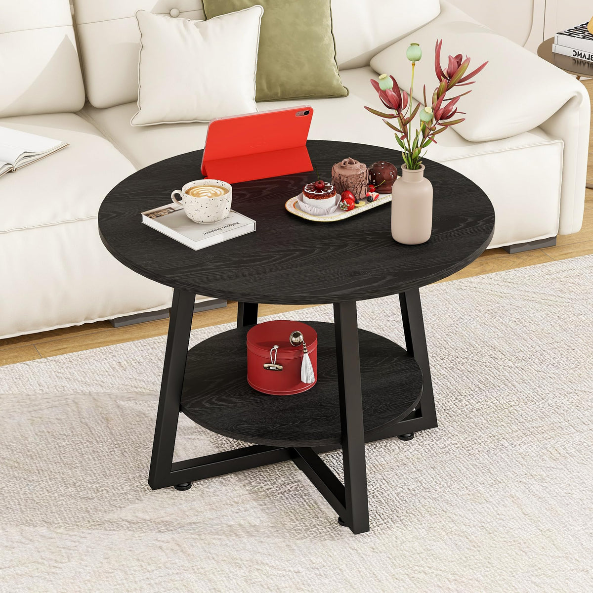 FOUBAM Round Coffee Table with Storage,Metal Small Coffee Table,Black