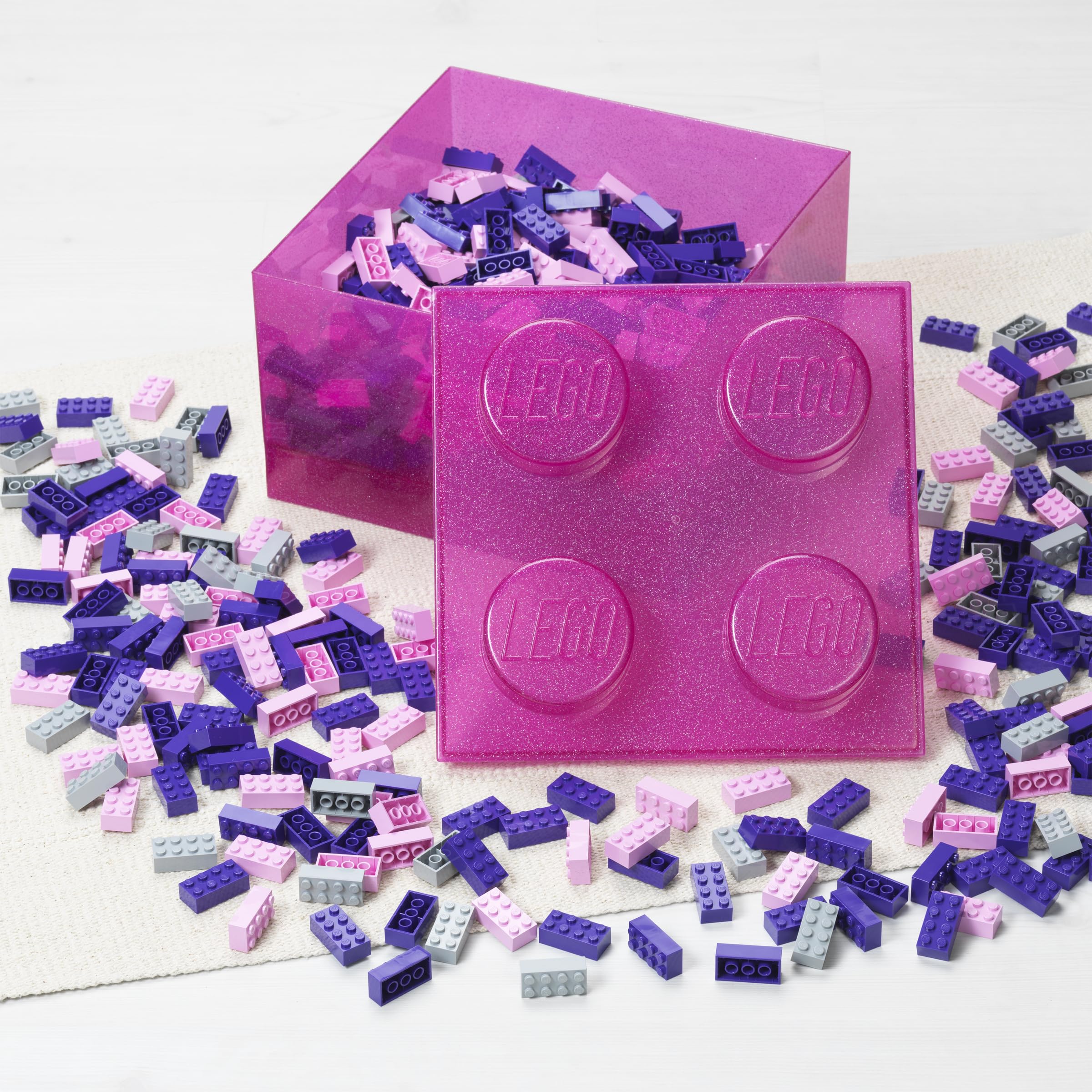 LEGO Storage Brick 4 Knobs Glitter Medium Violet - Stackable Plastic Storage Box with Lid for Kids and Adults Desk Organizer and Toy Box