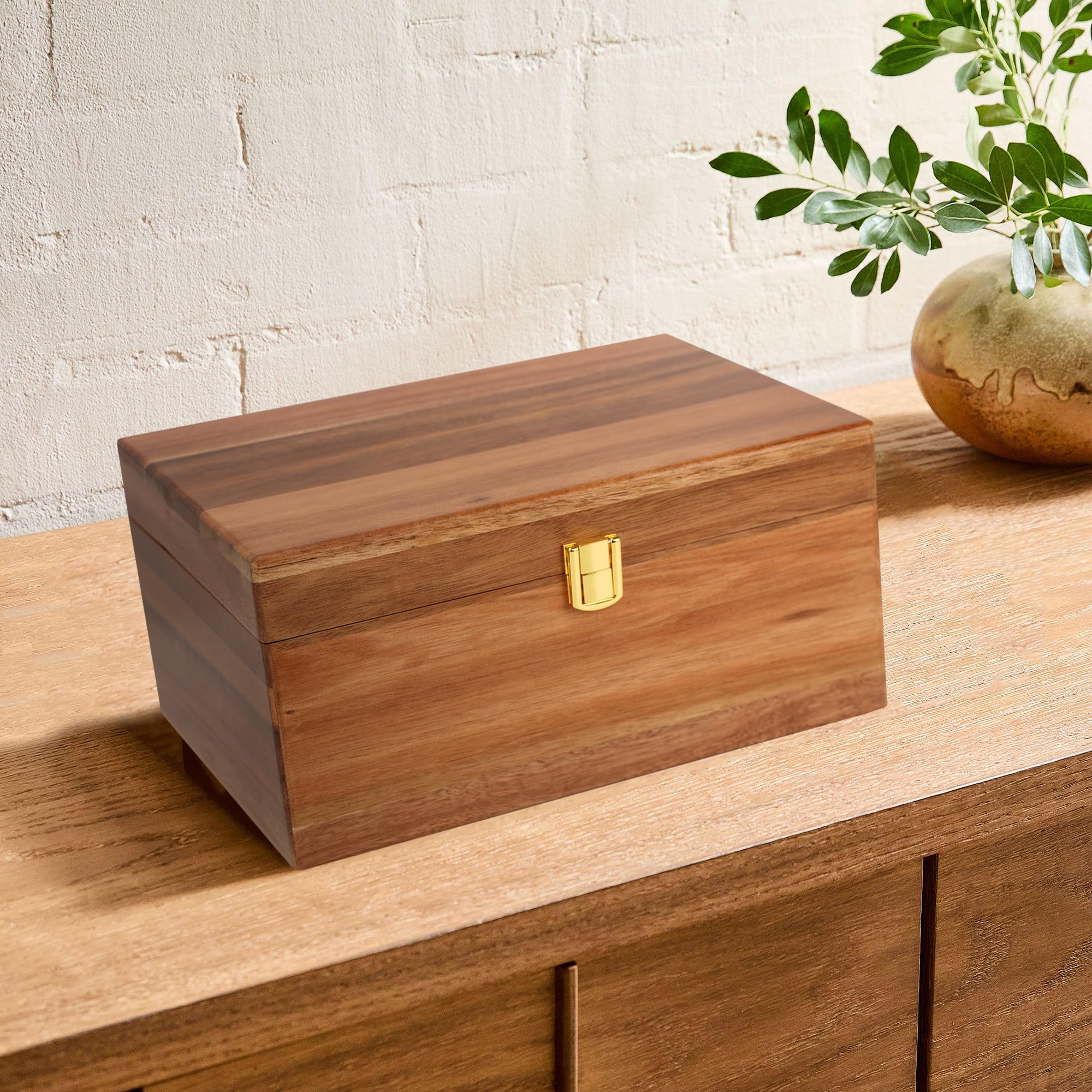 Spiretro Handmade Premium Solid Acacia Wood Box with Hinged Lid – Natural Unique Finish, Golden Hinges & Latch Closure, Secure Storage for Tea