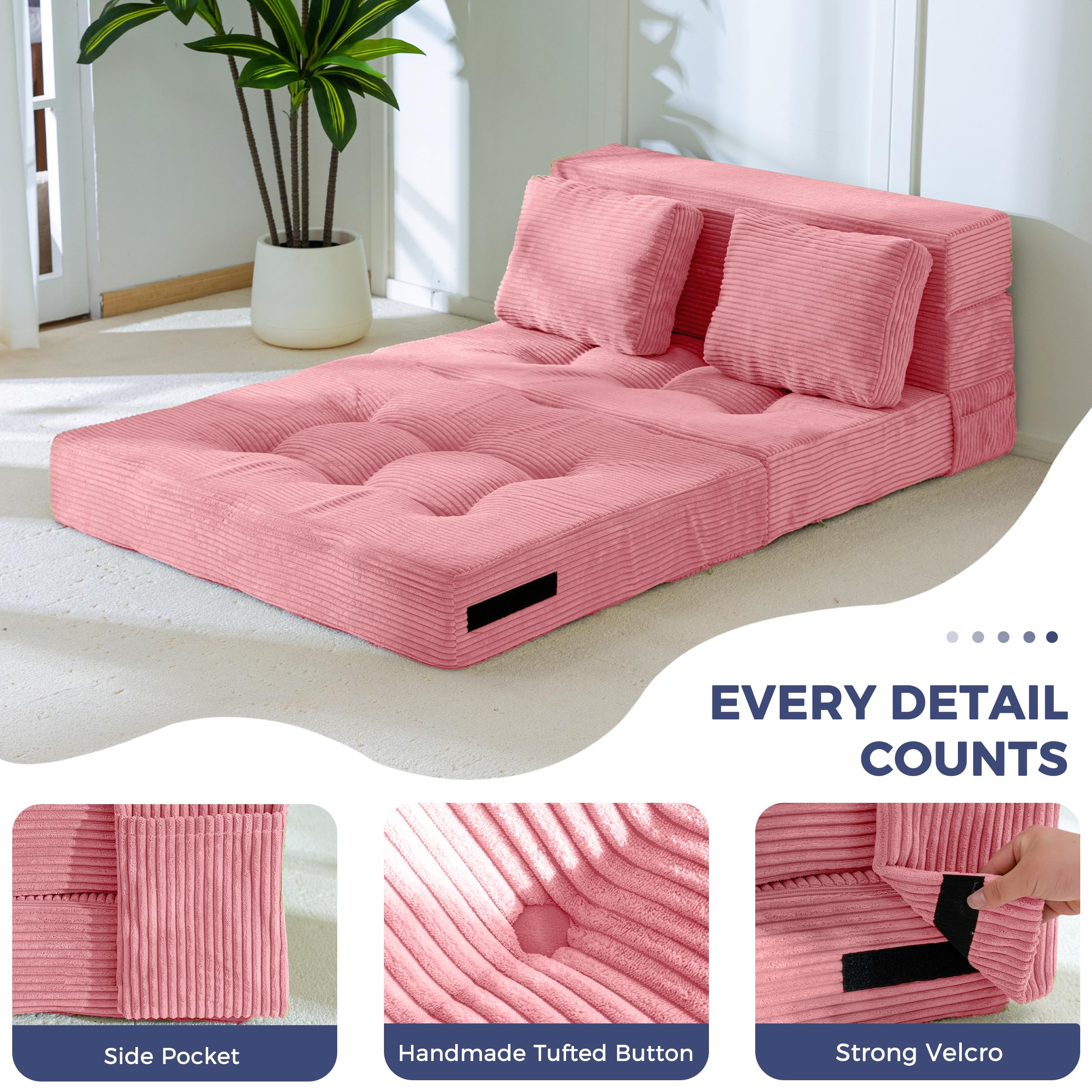 MAXYOYO Folding Foam Sofa Bed, Tri-Fold Mattress with 2 Pillows, Convertible Sofa Chair Futon Z Bed with 15cm Thincken Foam