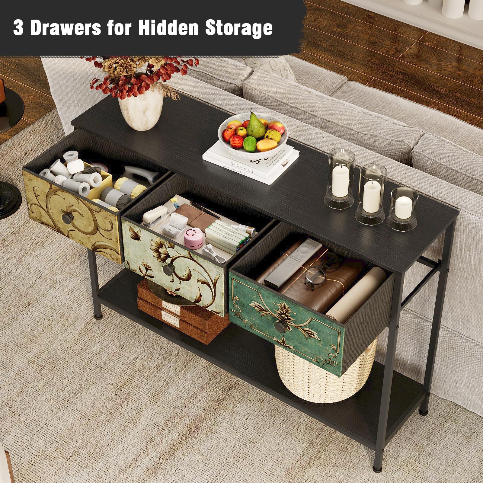 VEDECASA Console Table for Entryway with 3 Drawers Slim Hallway Table with Storage Shelf Narrow Long Sofa Table for Hallway Couch Living Room Kitchen