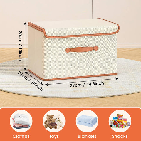 flaxarne Storage Box with Lid,Decorative Storage Boxes with Lids with PU Leather Handle,3-Pack Fabric Organiser Box for Closet Bedroom Office,37 * 25